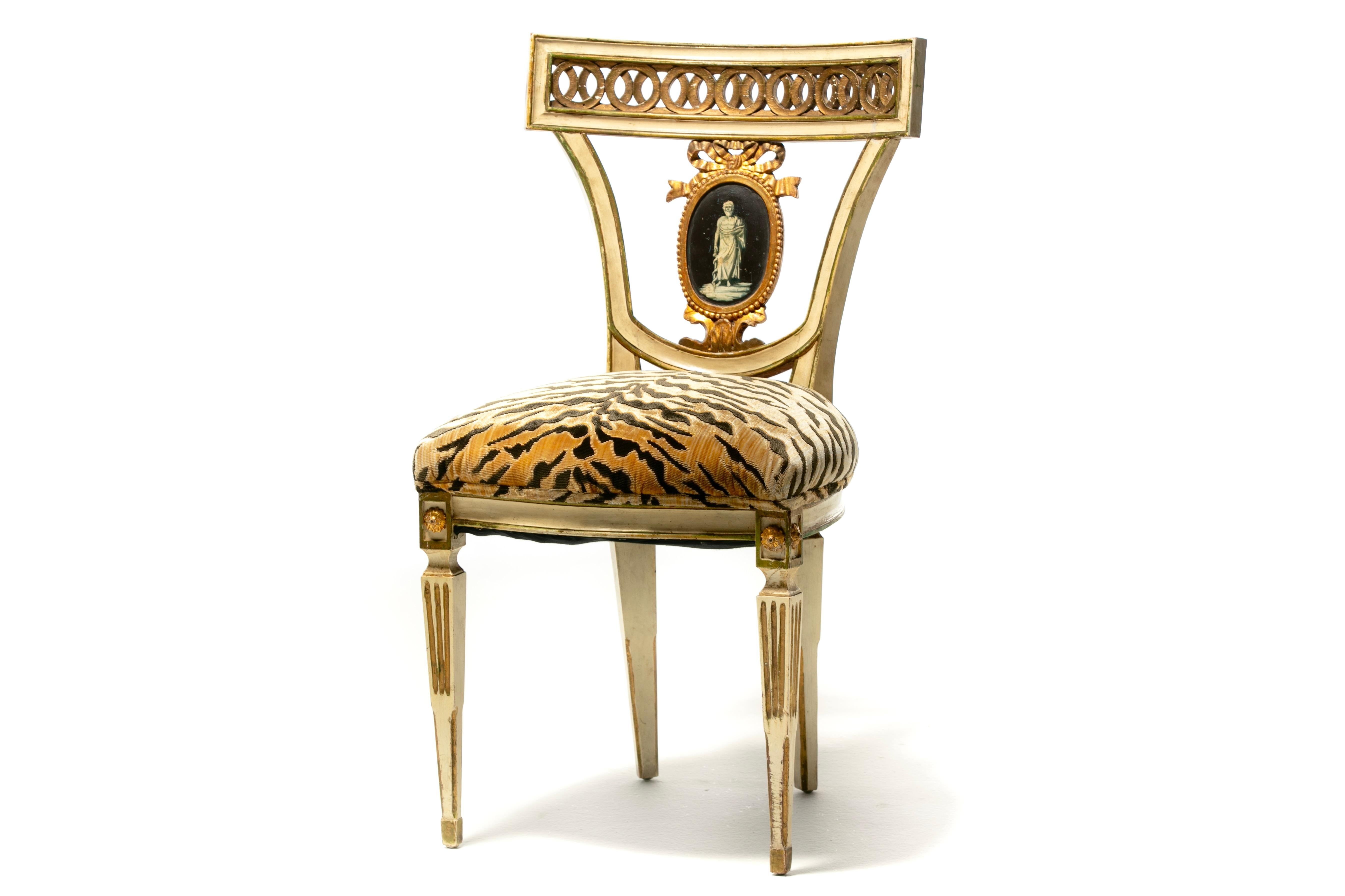 Set of 8 Italian Neoclassical Dining Chairs with Painted Murals & Tiger Velvet For Sale 13