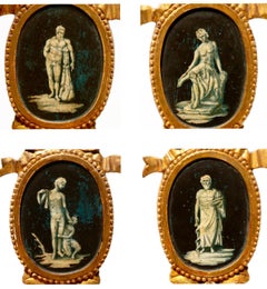 Set of 8 Italian Neoclassical Dining Chairs with Painted Murals & Tiger Velvet