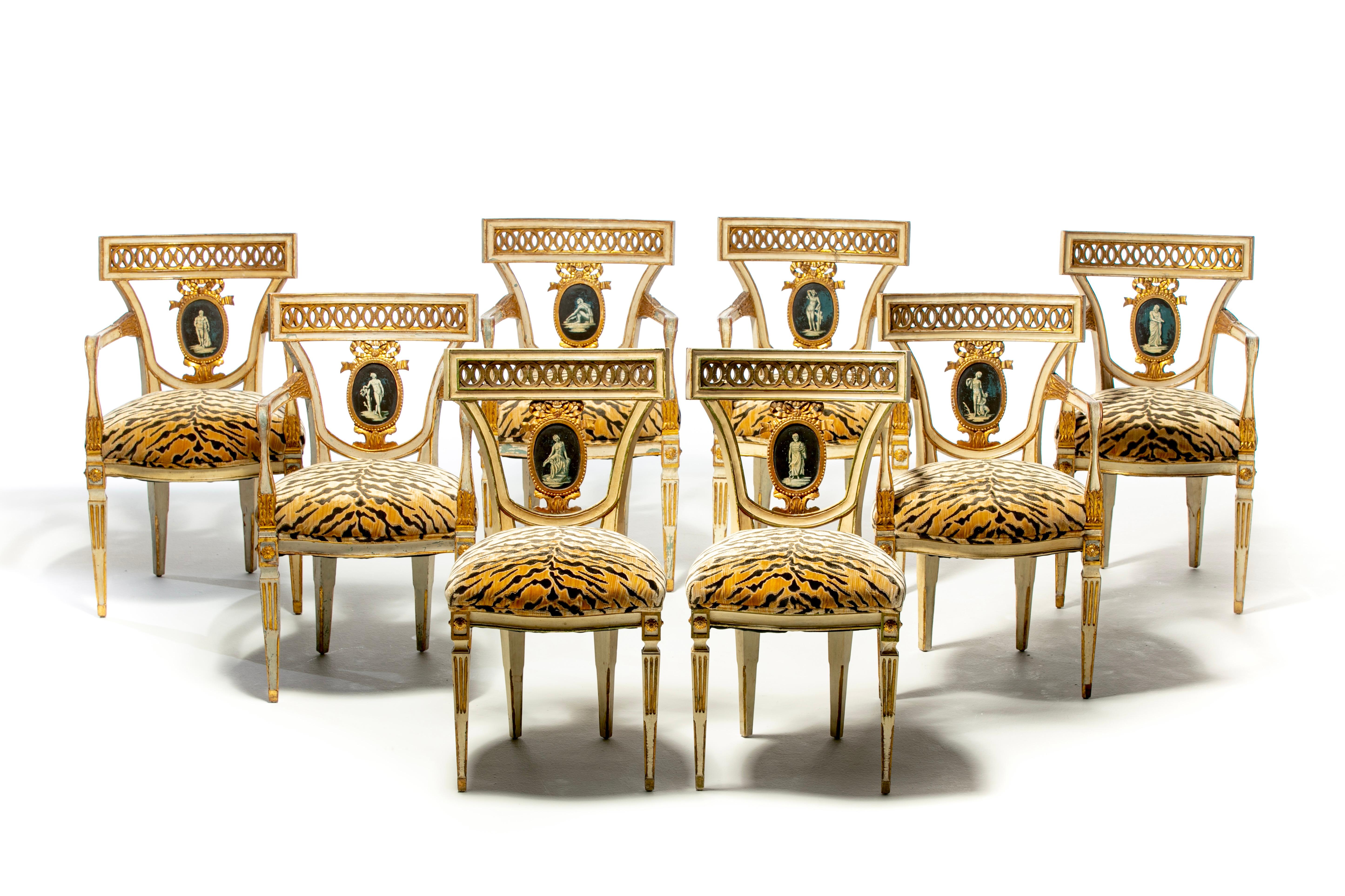 Set of 8 Italian Neoclassical Dining Chairs with Painted Murals & Tiger Velvet For Sale 15