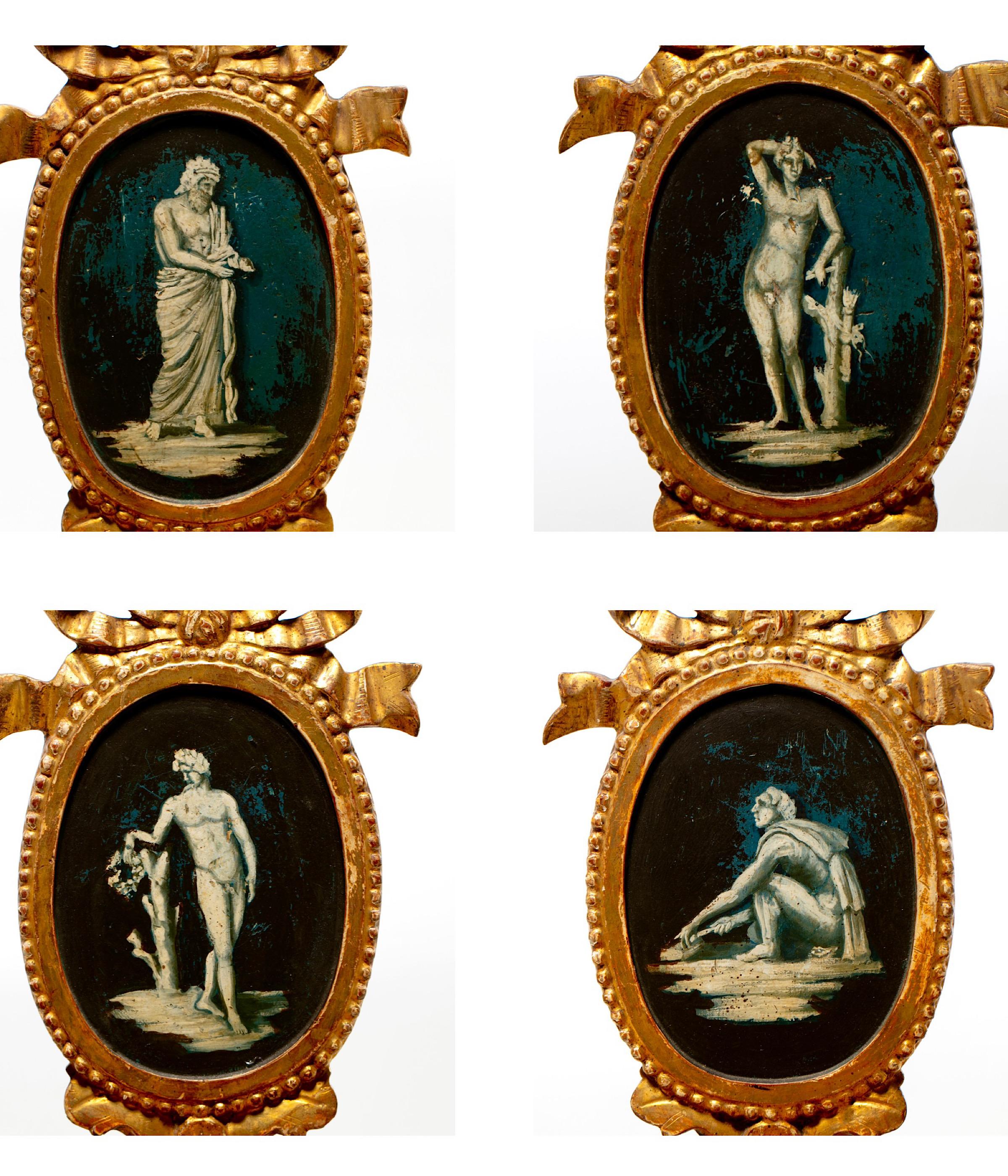 Satz von 8 italienischen neoklassischen Esszimmerstühlen mit gemalten Wandbildern und Tigersamt (Neoklassisch) im Angebot