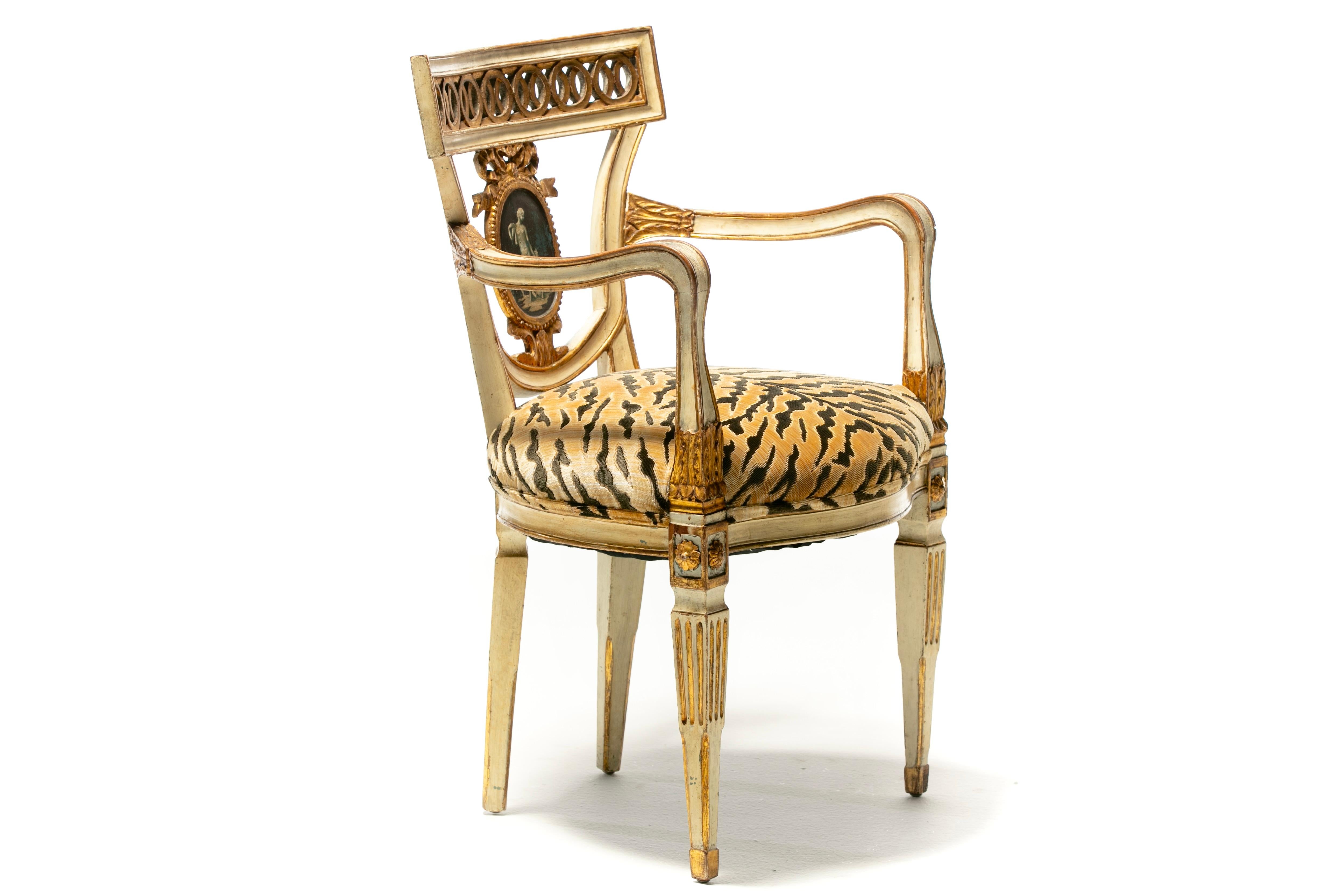 Set of 8 Italian Neoclassical Dining Chairs with Painted Murals & Tiger Velvet For Sale 3