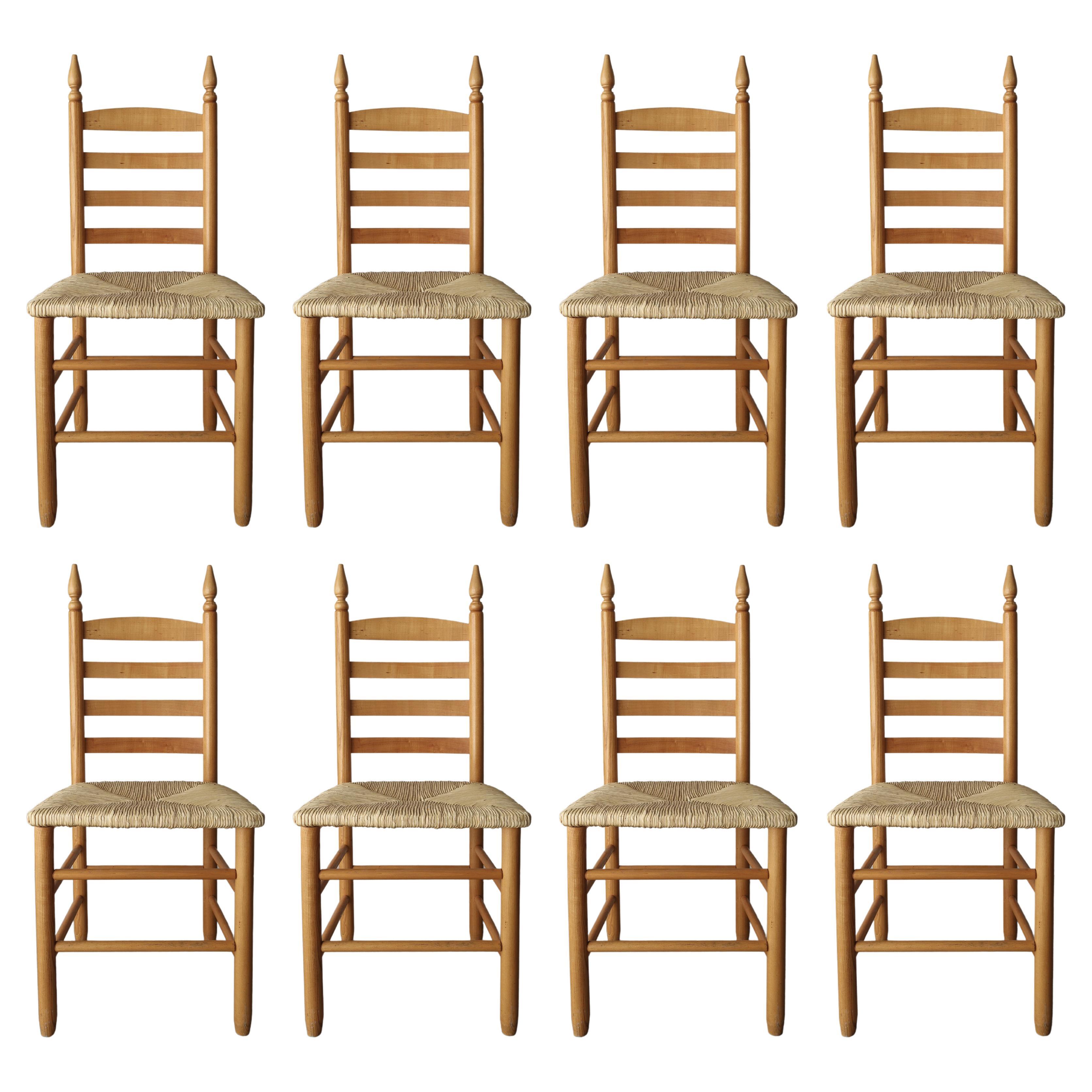 Set of 8 Italian Pine and Rush Ladderback Dining Chairs