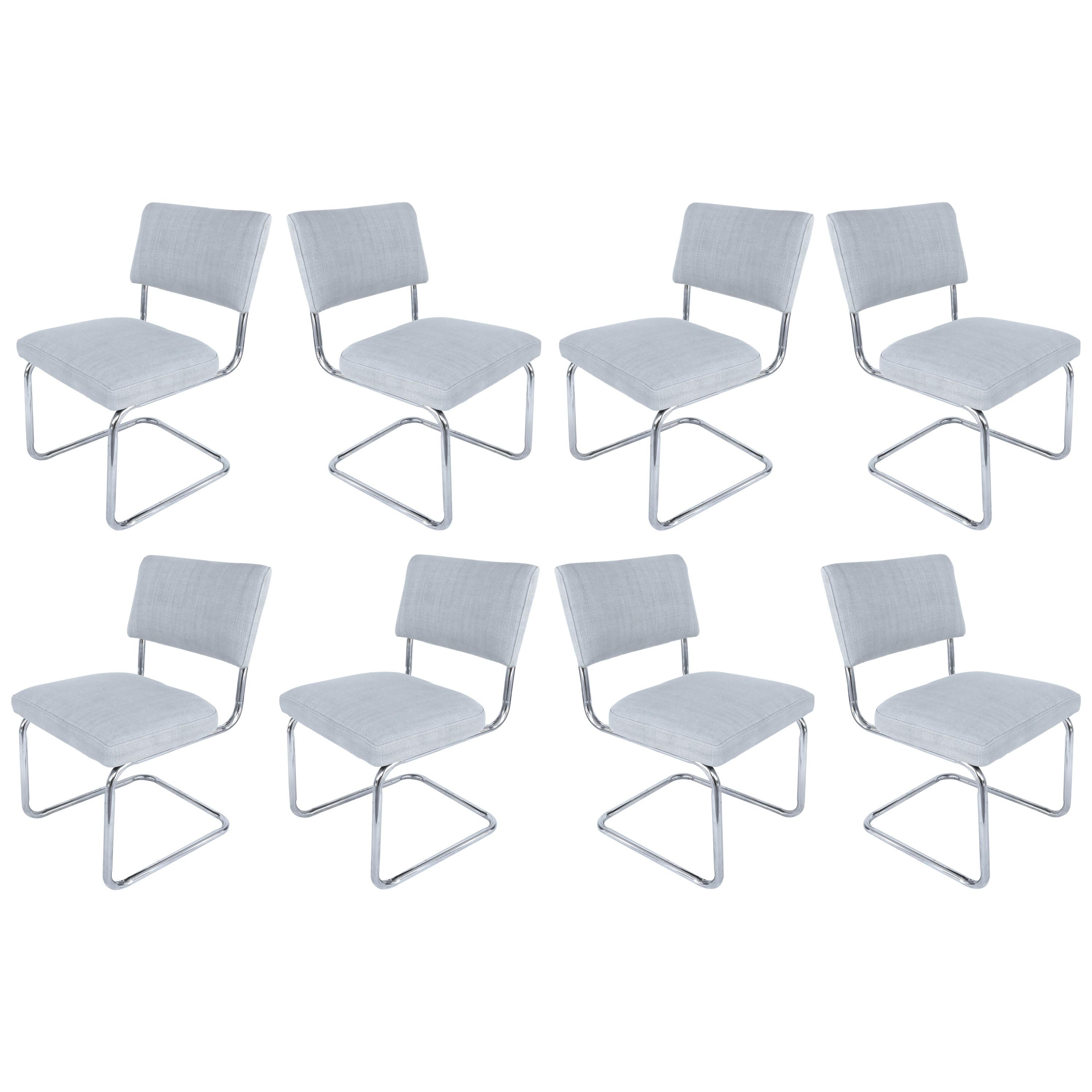 Set of 8 Italian Tubular Chrome Dining Chairs, New Upholstery and Cantilevered