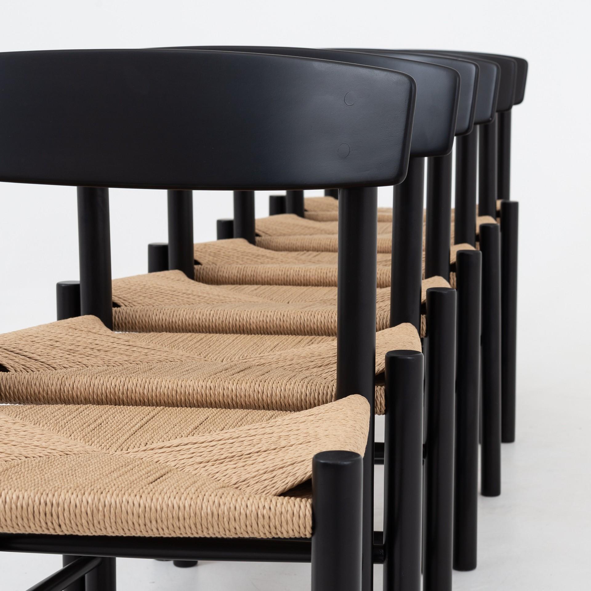 Set of 8 J39 - Dining chairs in new black lacquer and seat in newly woven paper cord. Maker FDB.