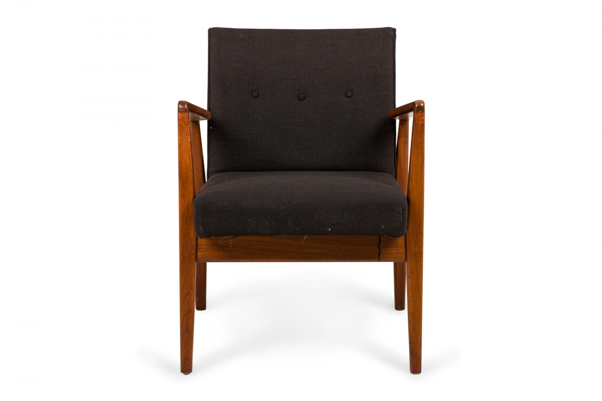 SET of 8 Danish Mid-Century 'Playboy' armchairs with angular teak wood frames and black woven fabric upholstered seats and backs with button tufting. (JENS RISOM)(PRICED AS SET)
