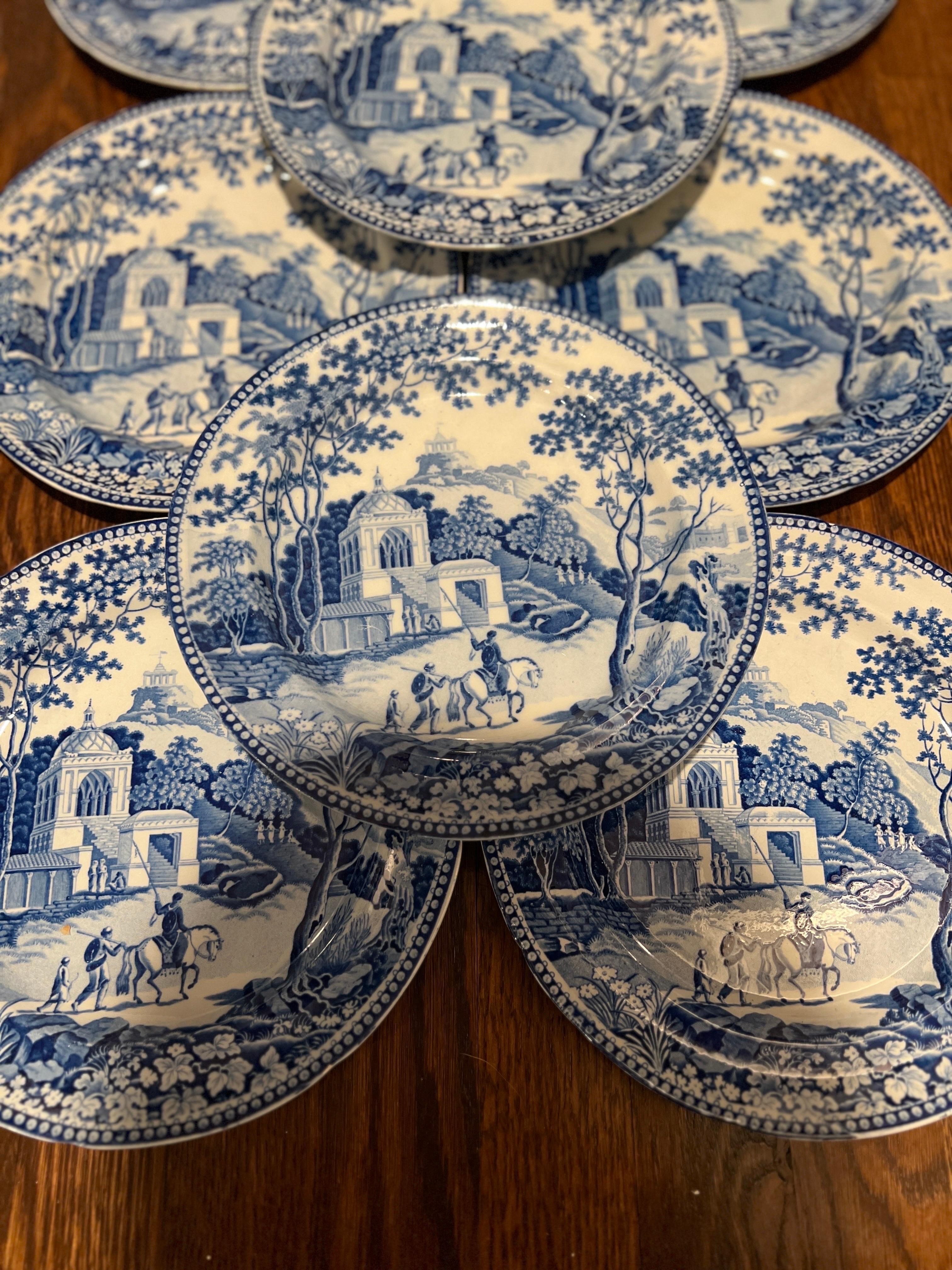 John Rogers & Sons Factory (English, 1795-1830), circa 1820. 

A set of 8 Georgian pearlware dinner plates in the Staffordshire blue and white transfer pattern of 