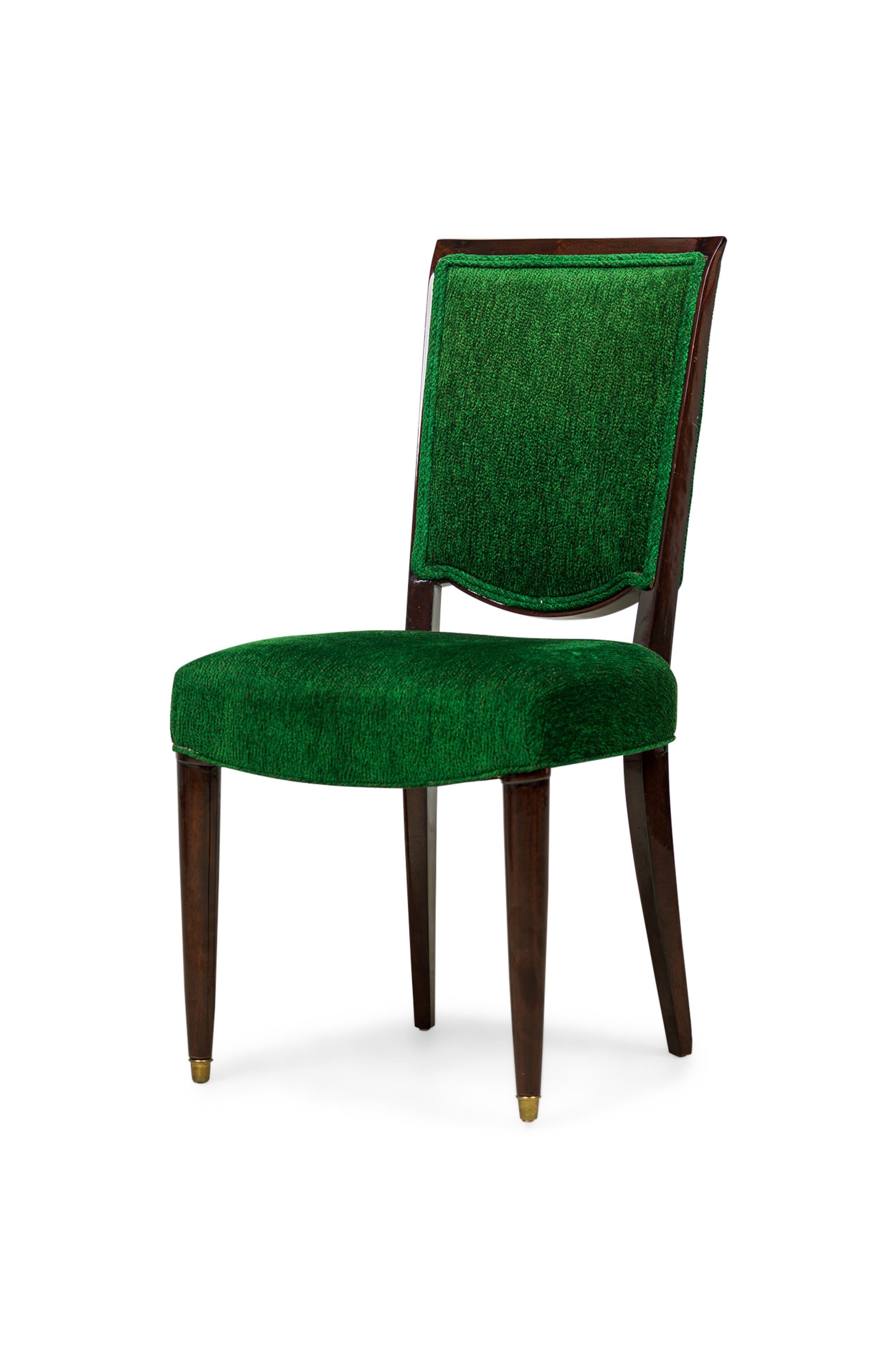 Set of 8 Jules Leleu French Art Deco Green Fabric Dining / Side Chairs In Good Condition For Sale In New York, NY