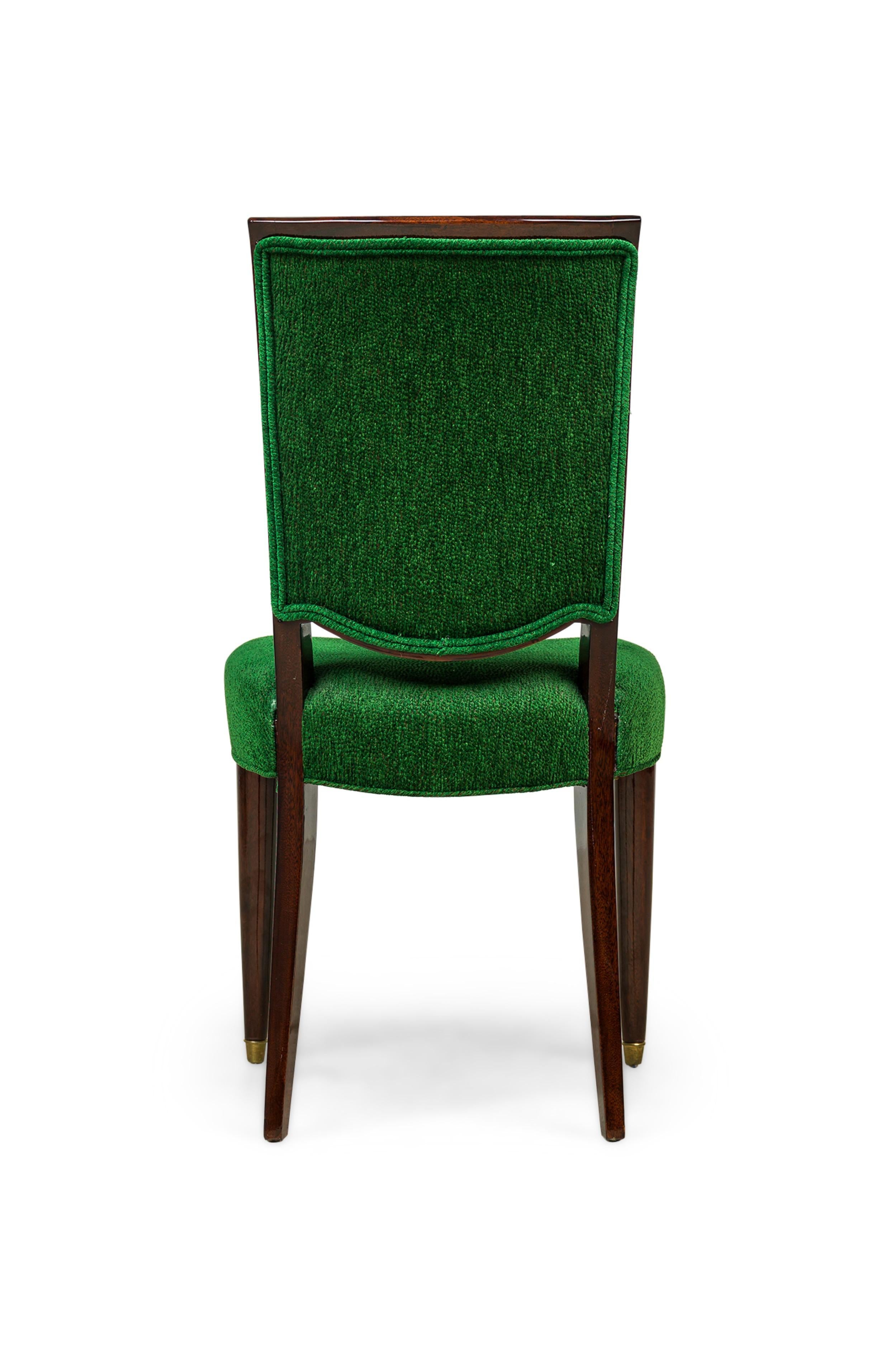 Set of 8 Jules Leleu French Art Deco Green Fabric Dining / Side Chairs For Sale 2