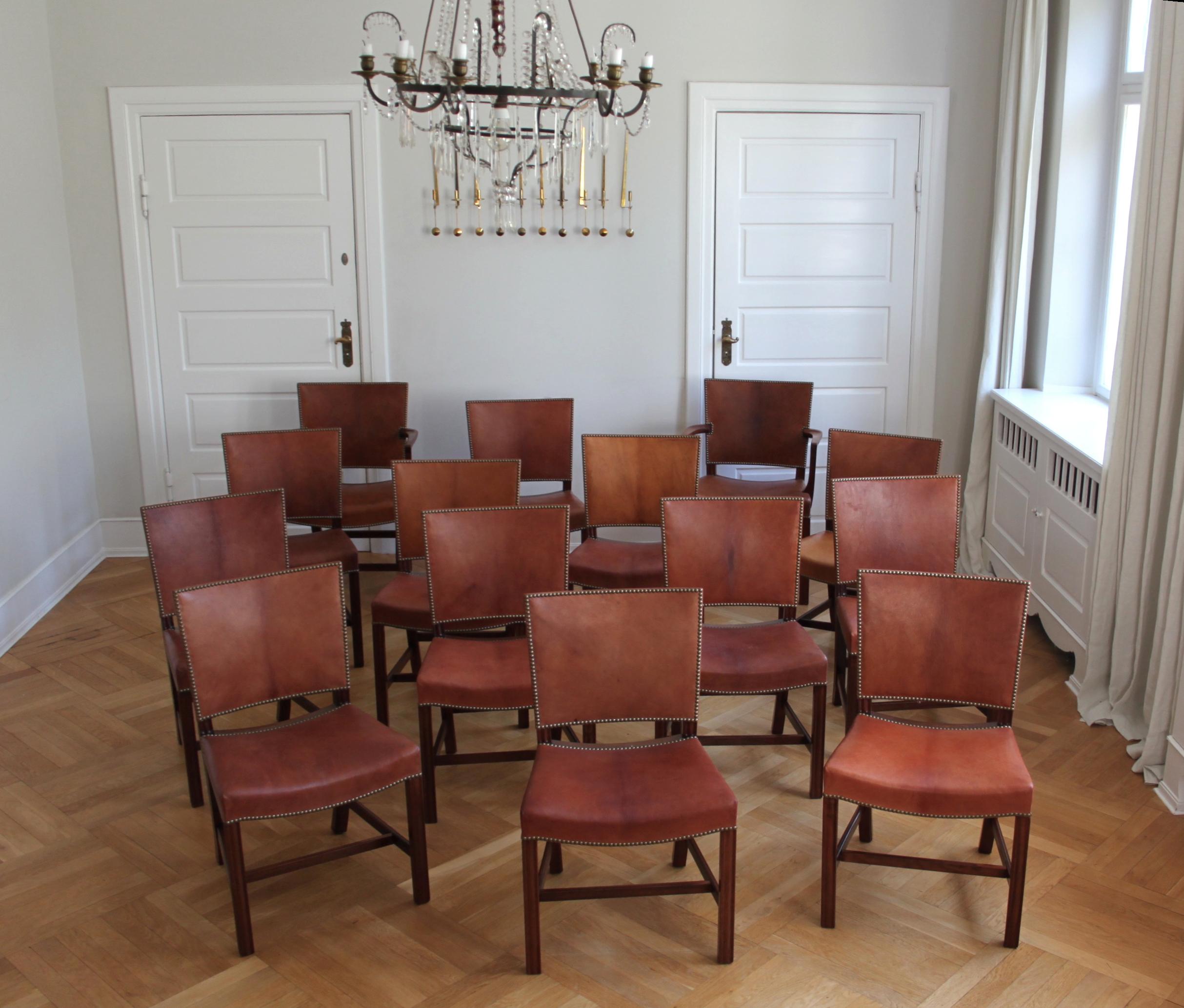 Kaare Klint & Rud Rasmussen Snedkerier - Scandinavian Modern Design.

An extraordinary set of eight Kaare Klint red chairs, executed by cabinetmaker Rud. Rasmussen, Denmark. (8 chairs out of this set of 14 chairs)

Profiled legs of mahogany, seat