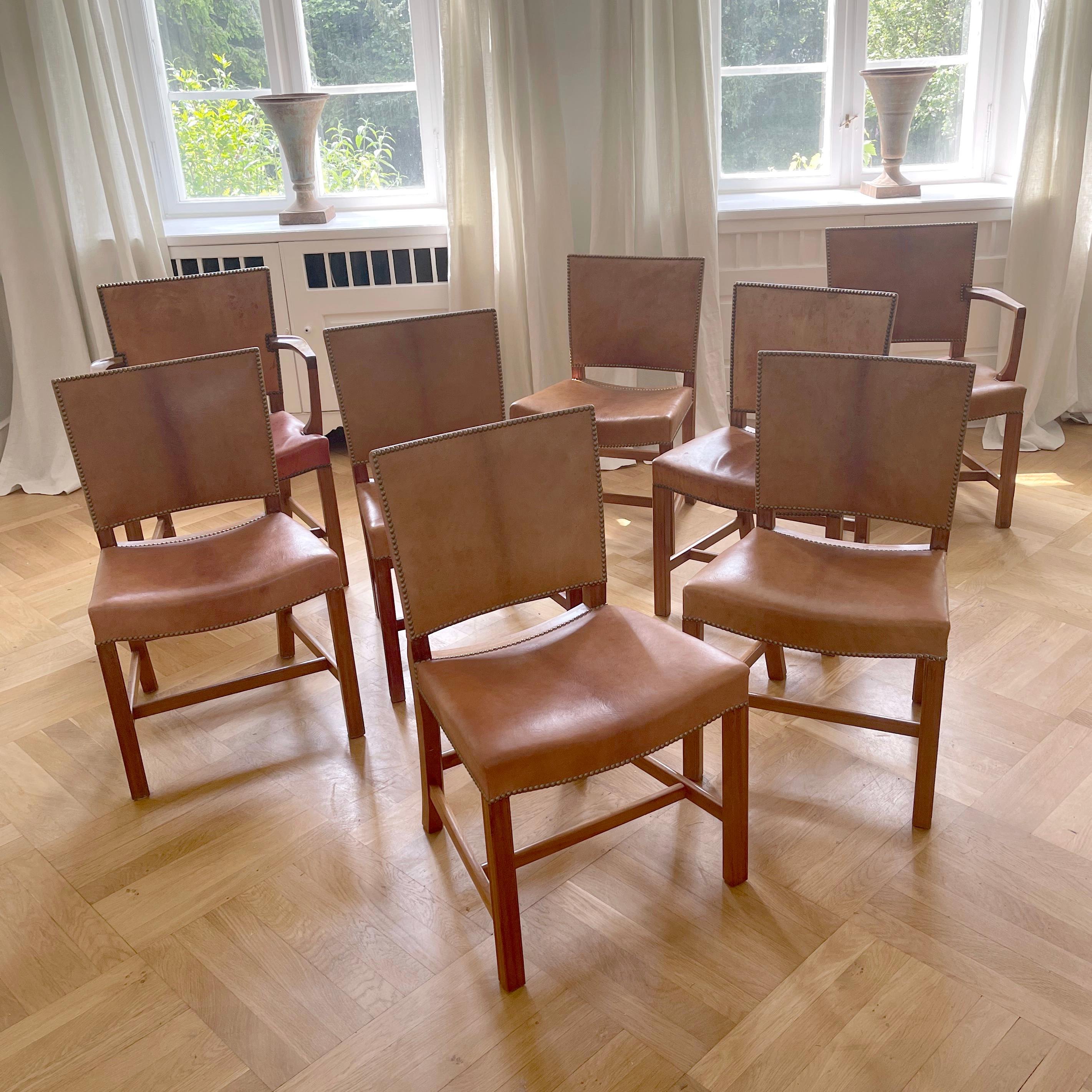Mid-Century Modern Set of 8 Kaare Klint Red Chairs, Niger Leather, Mahogany