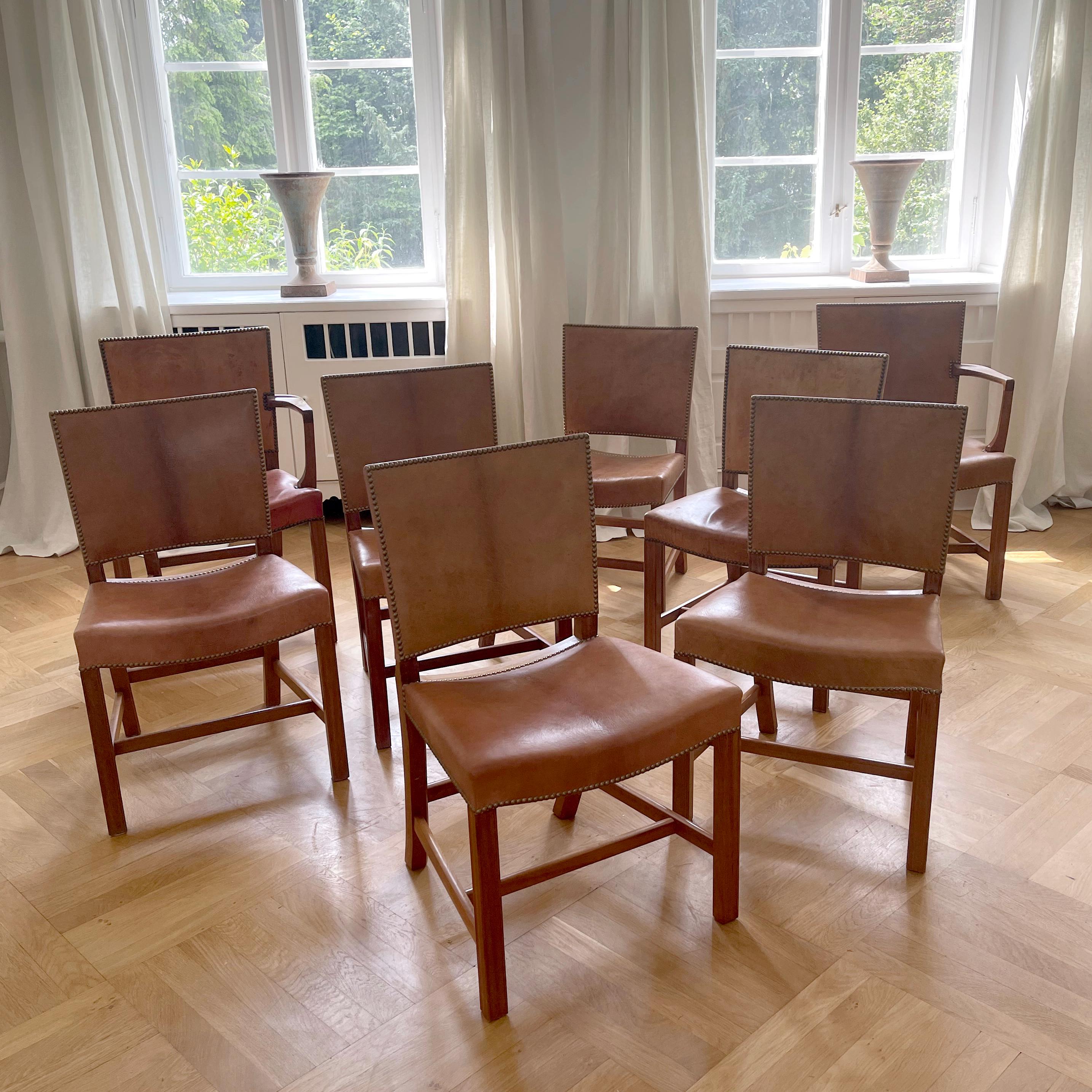 European Set of 8 Kaare Klint Red Chairs, Niger Leather, Mahogany