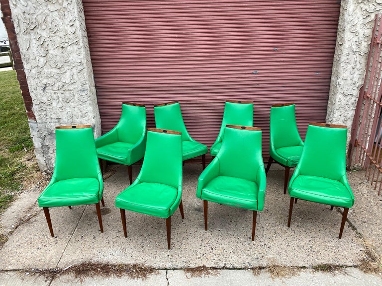 Set of 8 Kipp Stewart for Calvin dining room chairs. 2 Arm and 6 armless models. Chairs need to be refinished and reupholstered. Decide and do them any way you would like! We can offer Upholstery and refinishing options, please inquire. Offering the