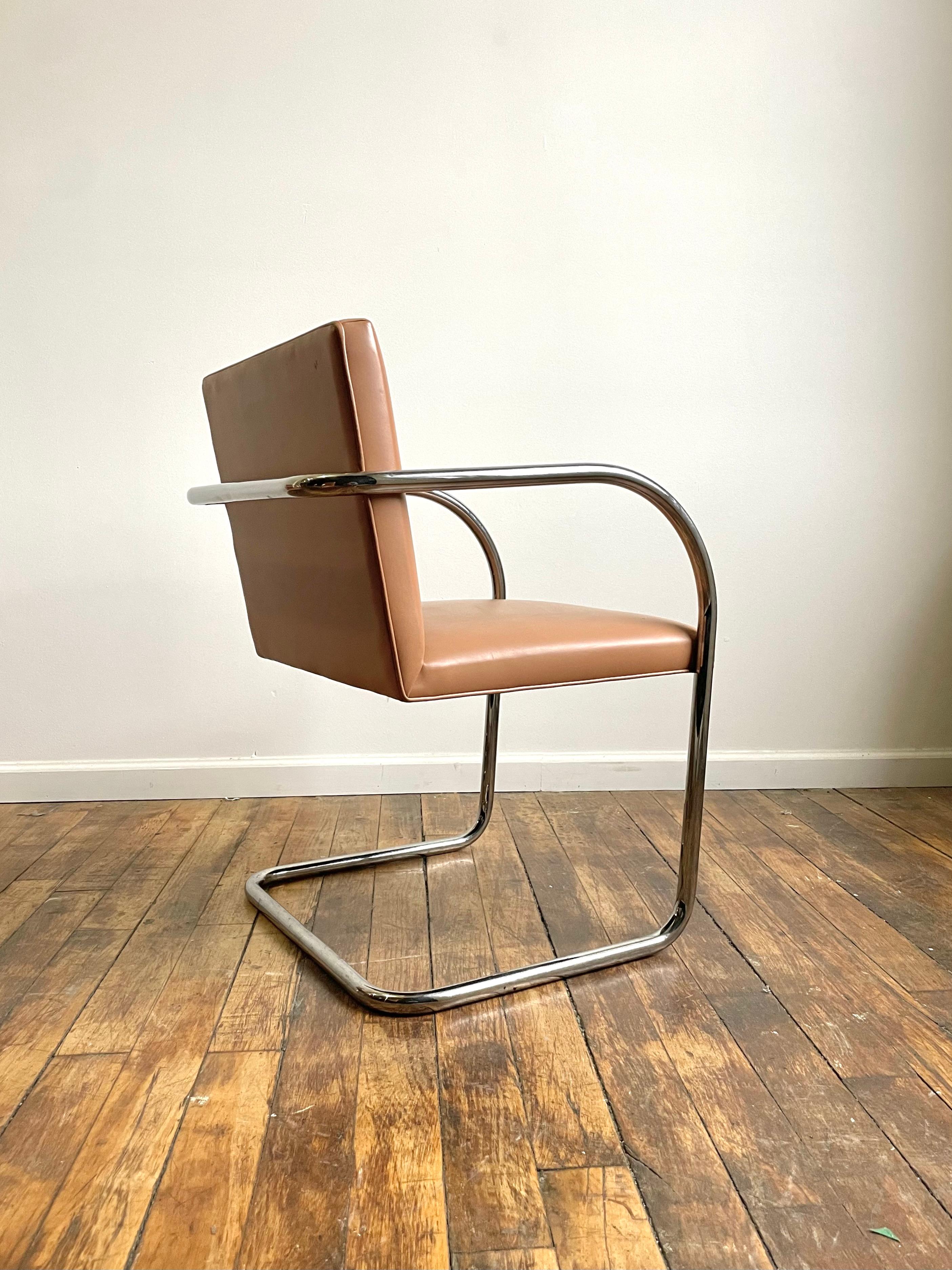 Presenting a set of 8 Knoll BRNO tubular chairs in camel leather. Likely from the late 90s based on the label. 

Current retail price would be over $25,000 for this set. 

The chairs are an iconic modern design from the 1930s that are consistently