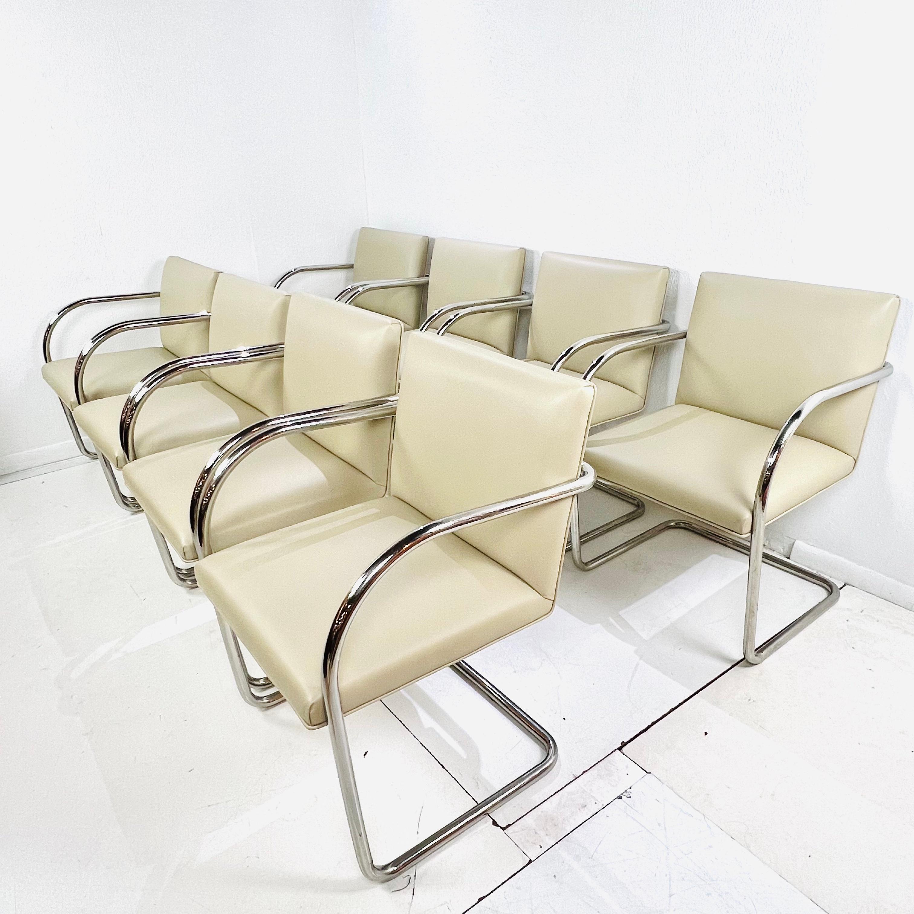 Designed by Ludwig Mies van der Rohe, the Knoll Brno Chair reflects the groundbreaking simplicity of its original environment. The cantilevered seat is upholstered in sleek leather and supported by its tubular chrome finish steel frame. Good vintage