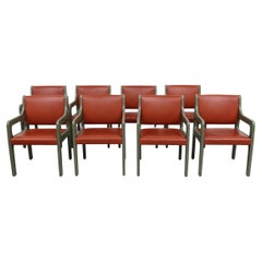 Set of 8 Knud Andersen Danish Coral Leather and Green Wood Armchairs