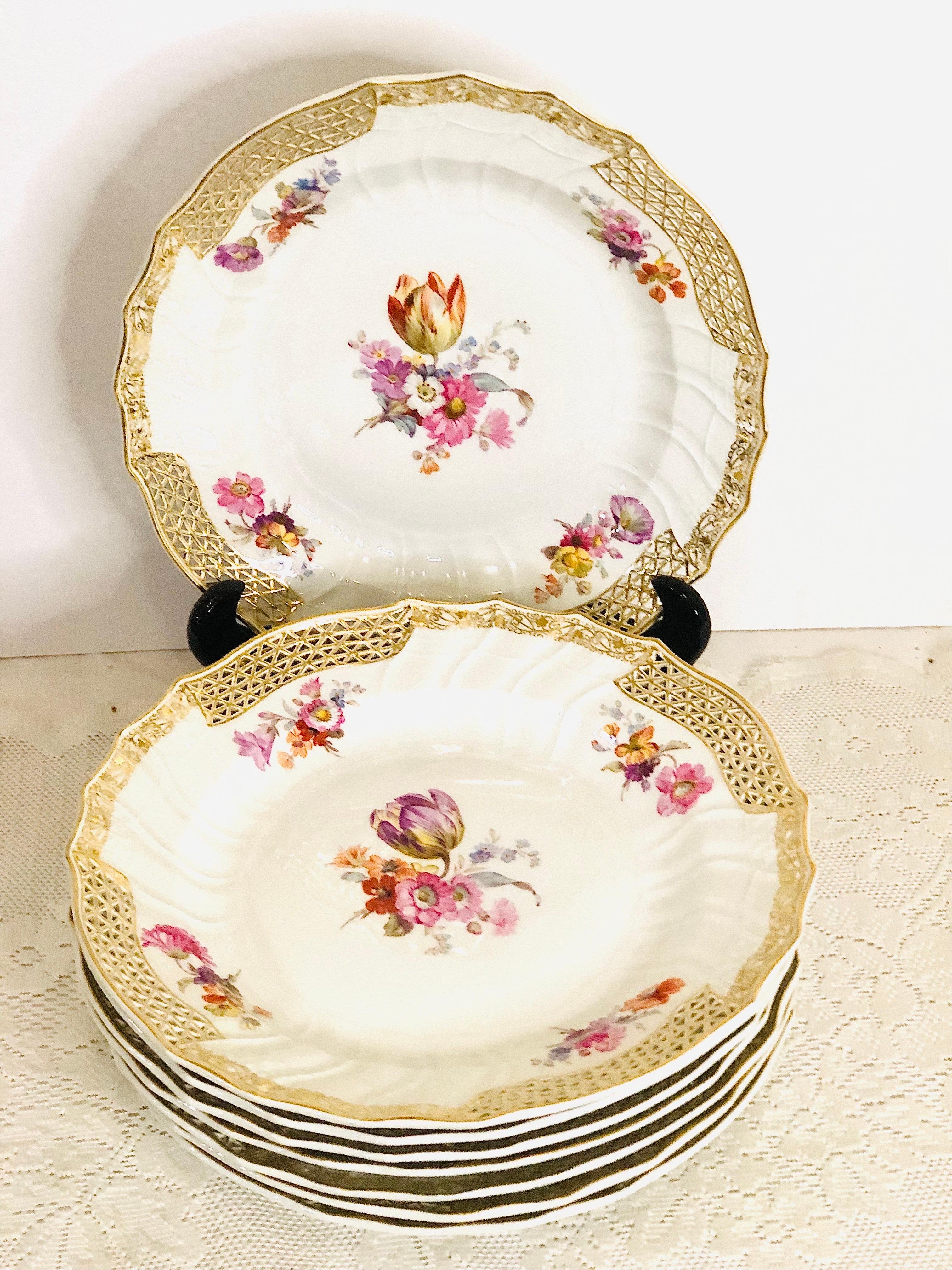 Set of 8 KPM Dinner Plates with Reticulated Border And Different Flower Bouquets 3