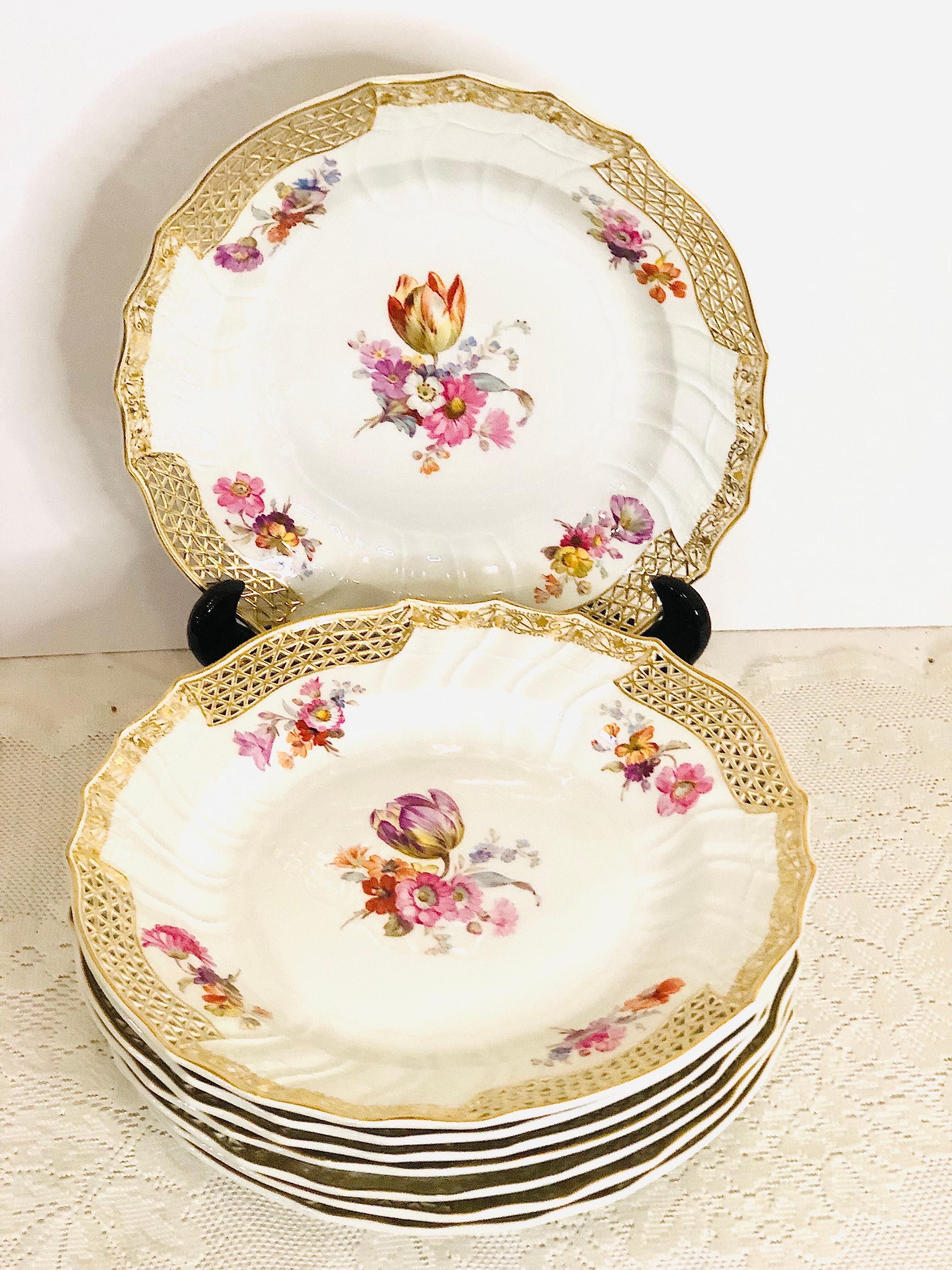 Set of 8 KPM Dinner Plates with Reticulated Border And Different Flower Bouquets For Sale 3