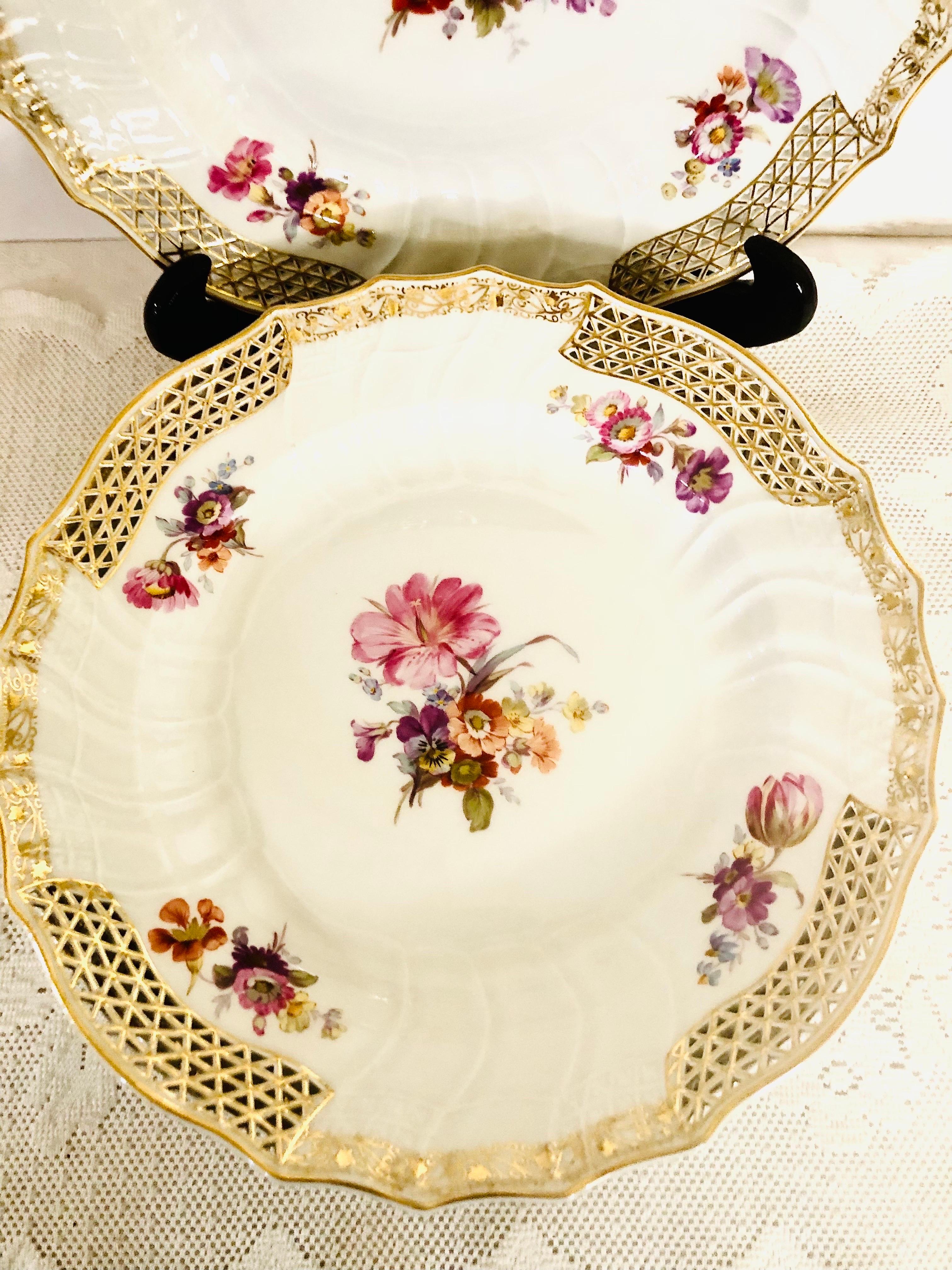 Romantic Set of 8 KPM Dinner Plates with Reticulated Border And Different Flower Bouquets For Sale