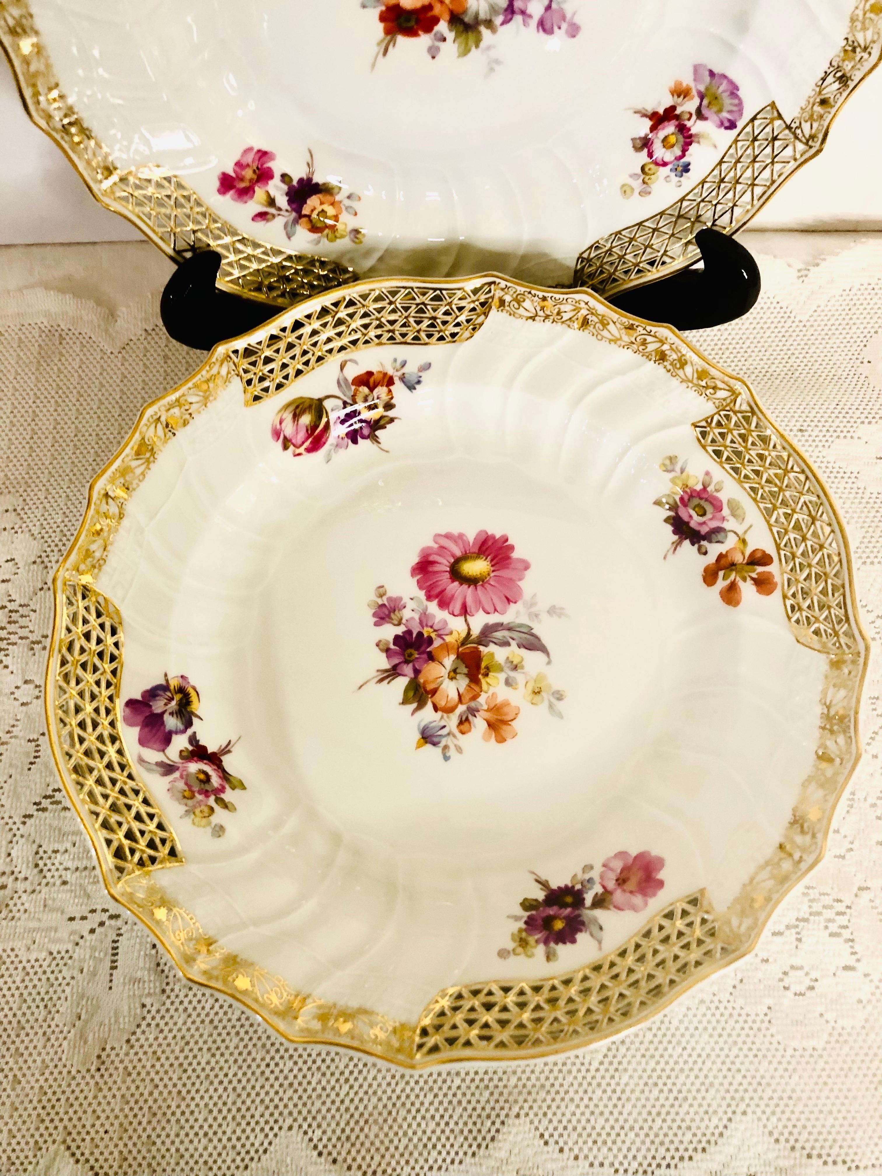 German Set of 8 KPM Dinner Plates with Reticulated Border And Different Flower Bouquets For Sale