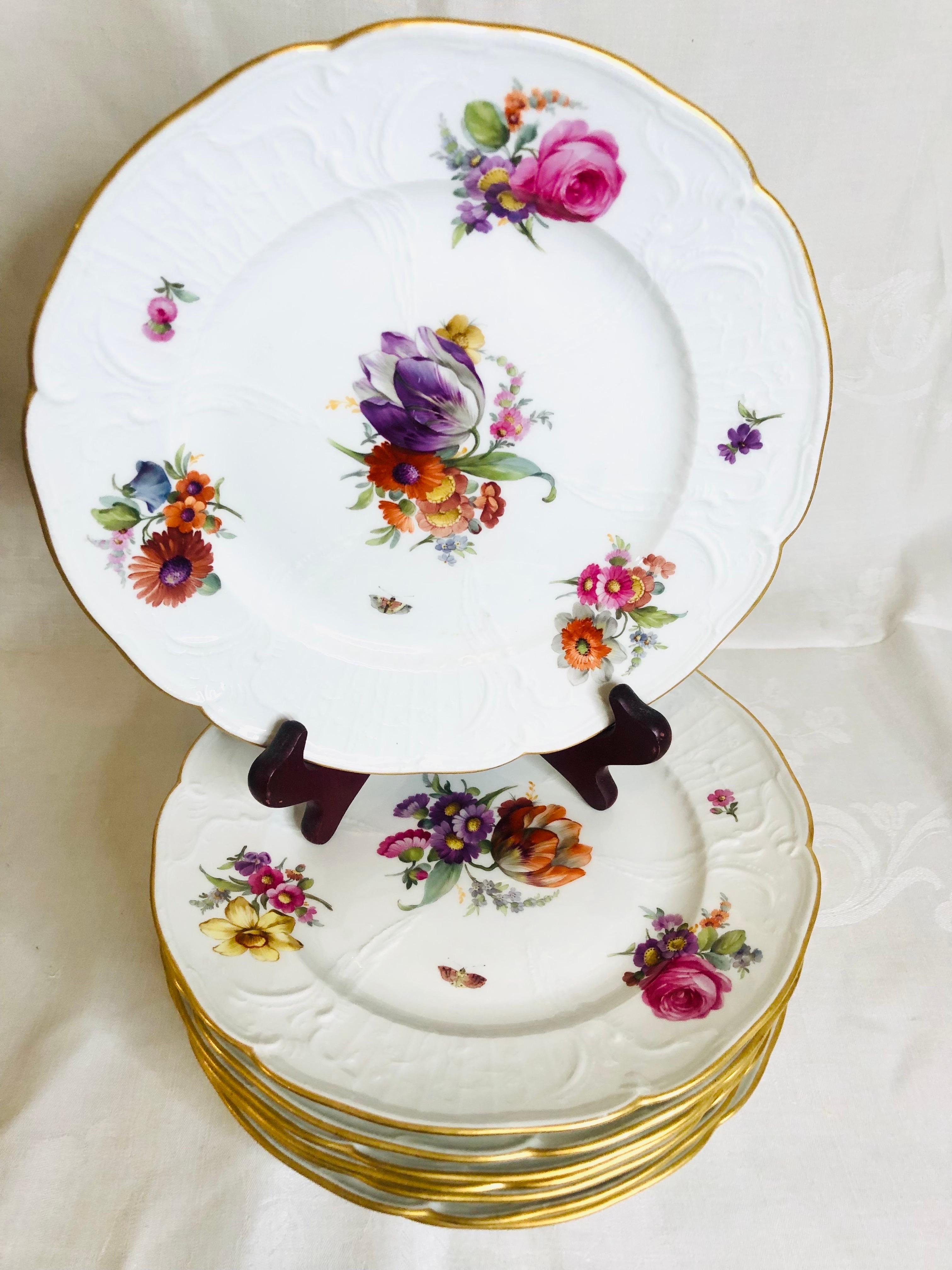 Romantic Set of 8 KPM Luncheon Plates Each Hand-Painted with a Different Flower Bouquet For Sale