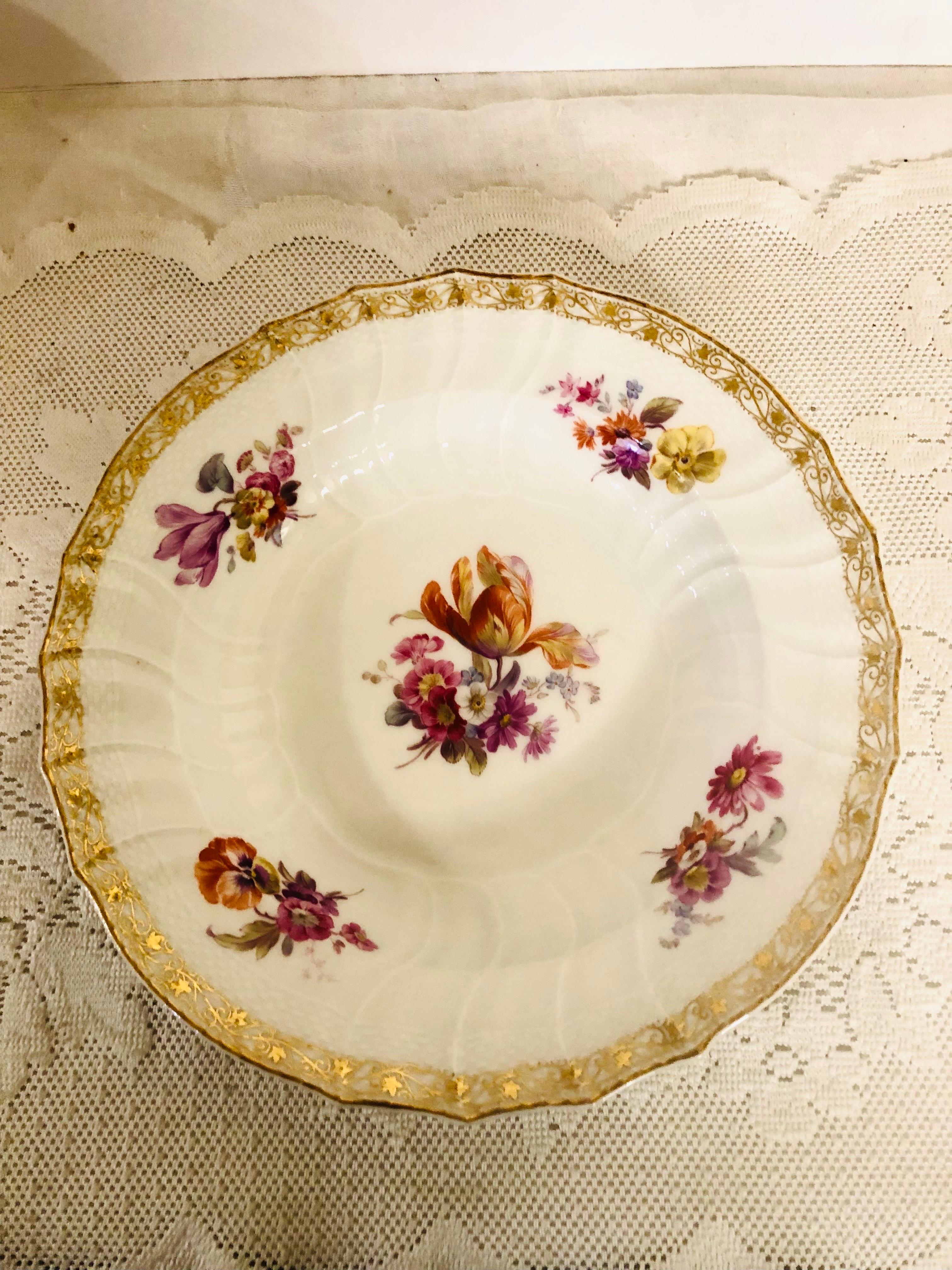 German Set of 8 KPM Wide Rim Soups, Each Hand-Painted With a Different Flower Bouquet For Sale
