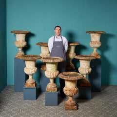 Set of 8 Large Reclaimed Cast Iron Garden Campana Urns