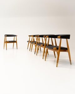 Set of 8 Lasse Ollinkari Dining Chairs in Black Leather, Finland 1950s