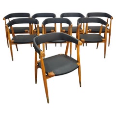Ensemble de 8 chaises de salle à manger Lasse Ollinkari en cuir noir, Finlande, années 1950