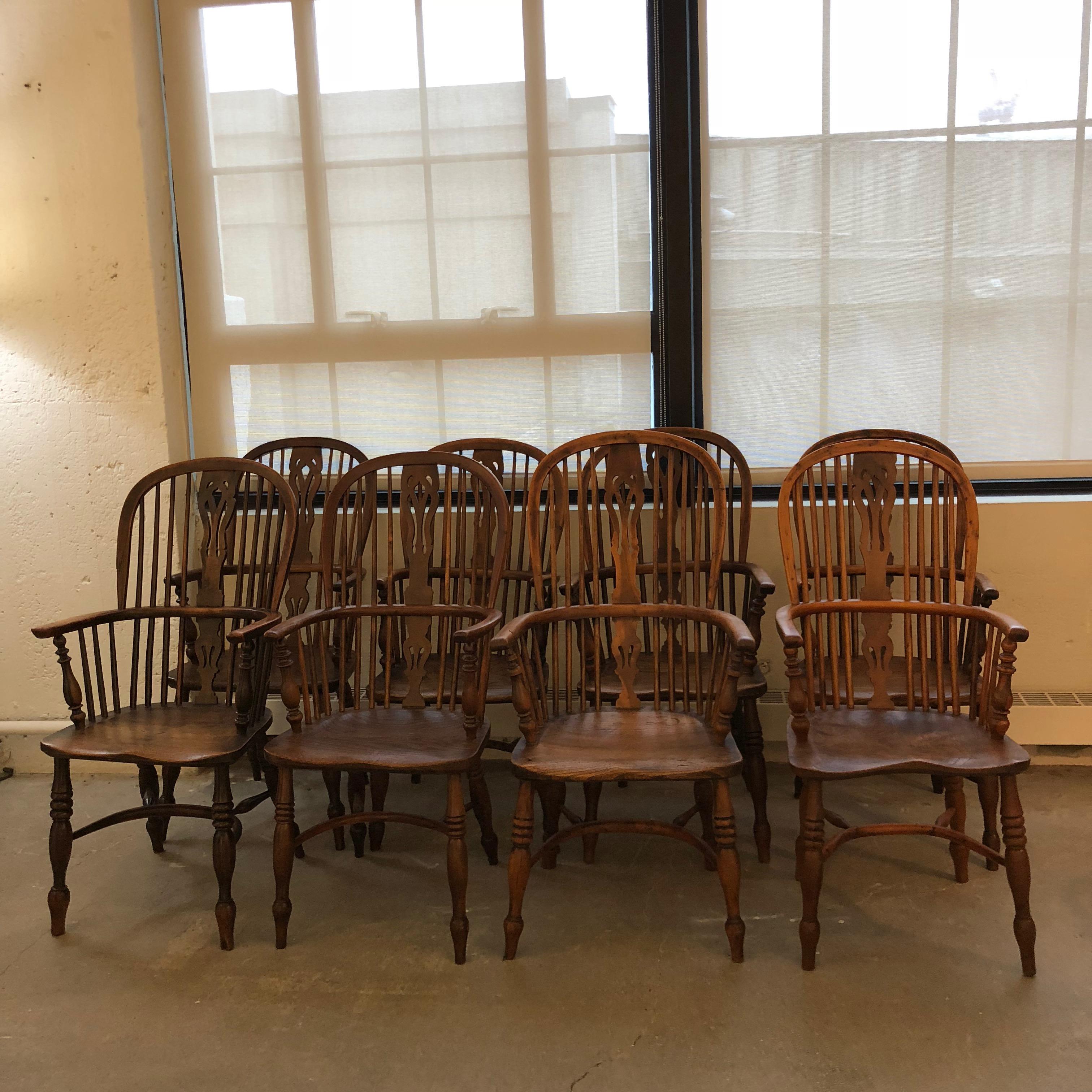 8 late 18th-early 19th century yew wood dining chairs, English.
 