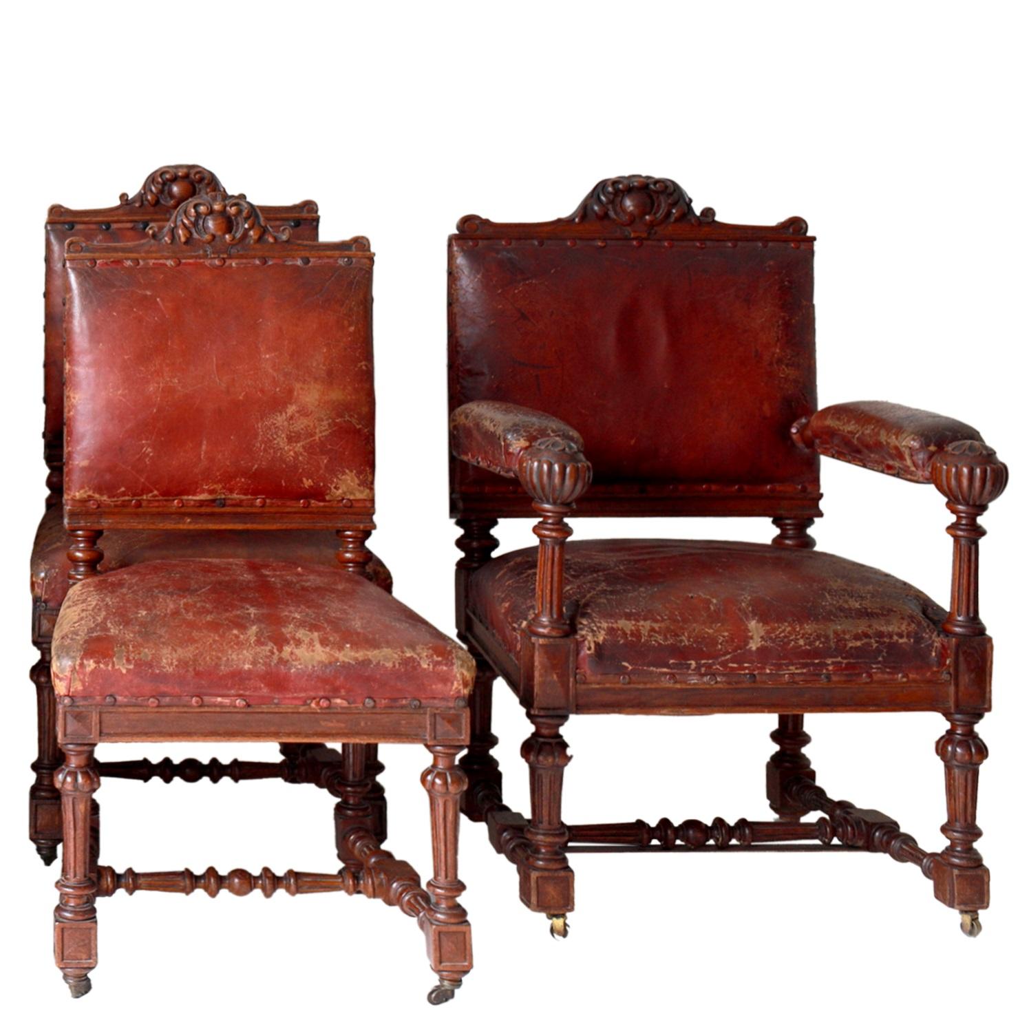 Set di 8 sedie da pranzo scozzesi in Oak con pelle rossa originale del 1880 circa.
