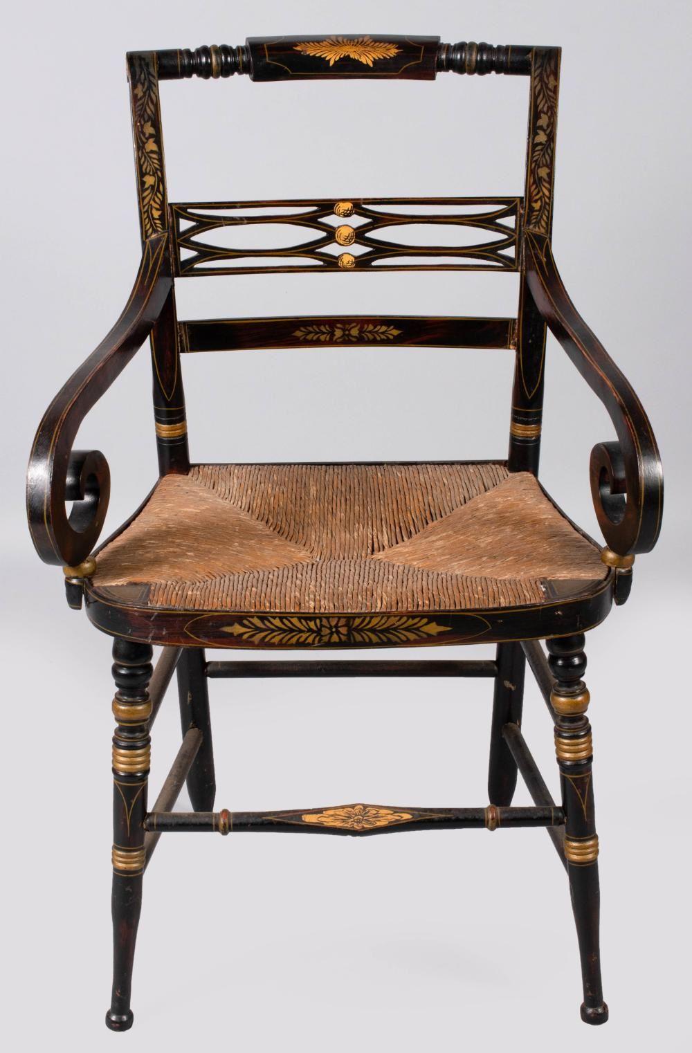A nice set of 8 Hitchcock style chairs, late Federal Period circa 1840, in original faux-mahogany painted finish with stencil and parcel gilt decoration, the set includes two armchairs, each with rectangular back with horizontal splats and rush seat