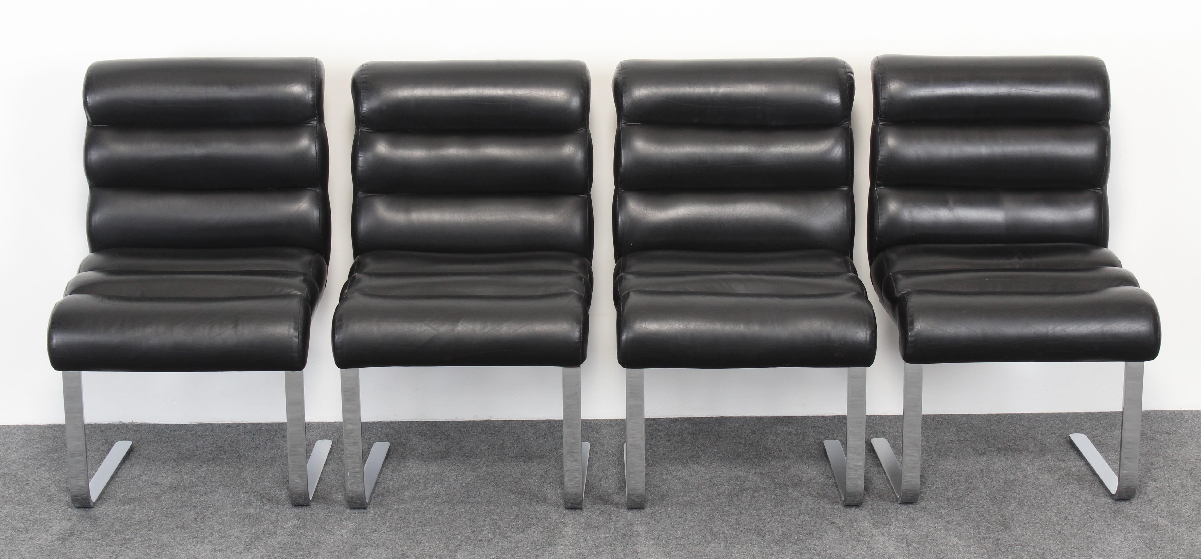 Mid-Century Modern Set of 8 Leather and Chrome Cantilever Chairs by Preview, 1980s