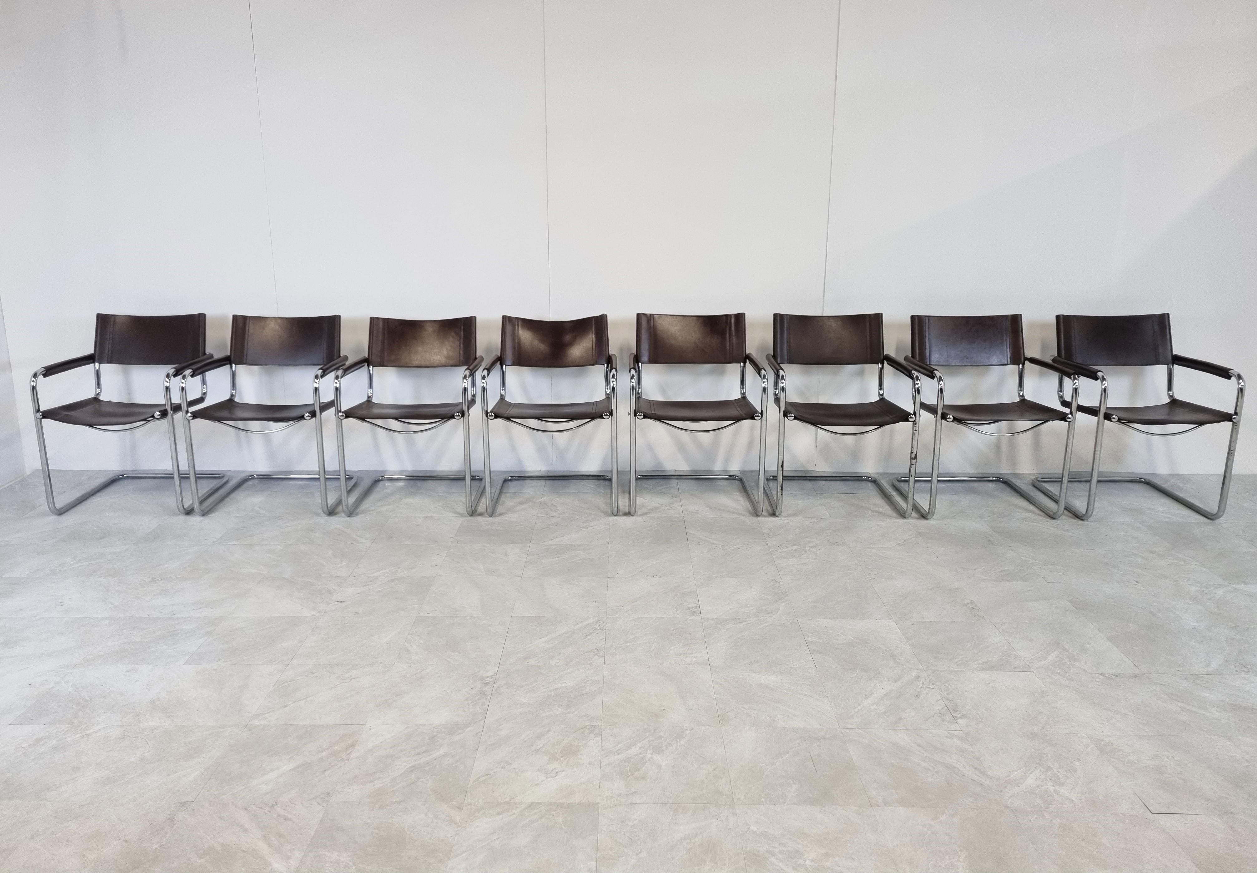 Bauhaus Set of 8 Leather Cantilever Dining Chairs, 1970s