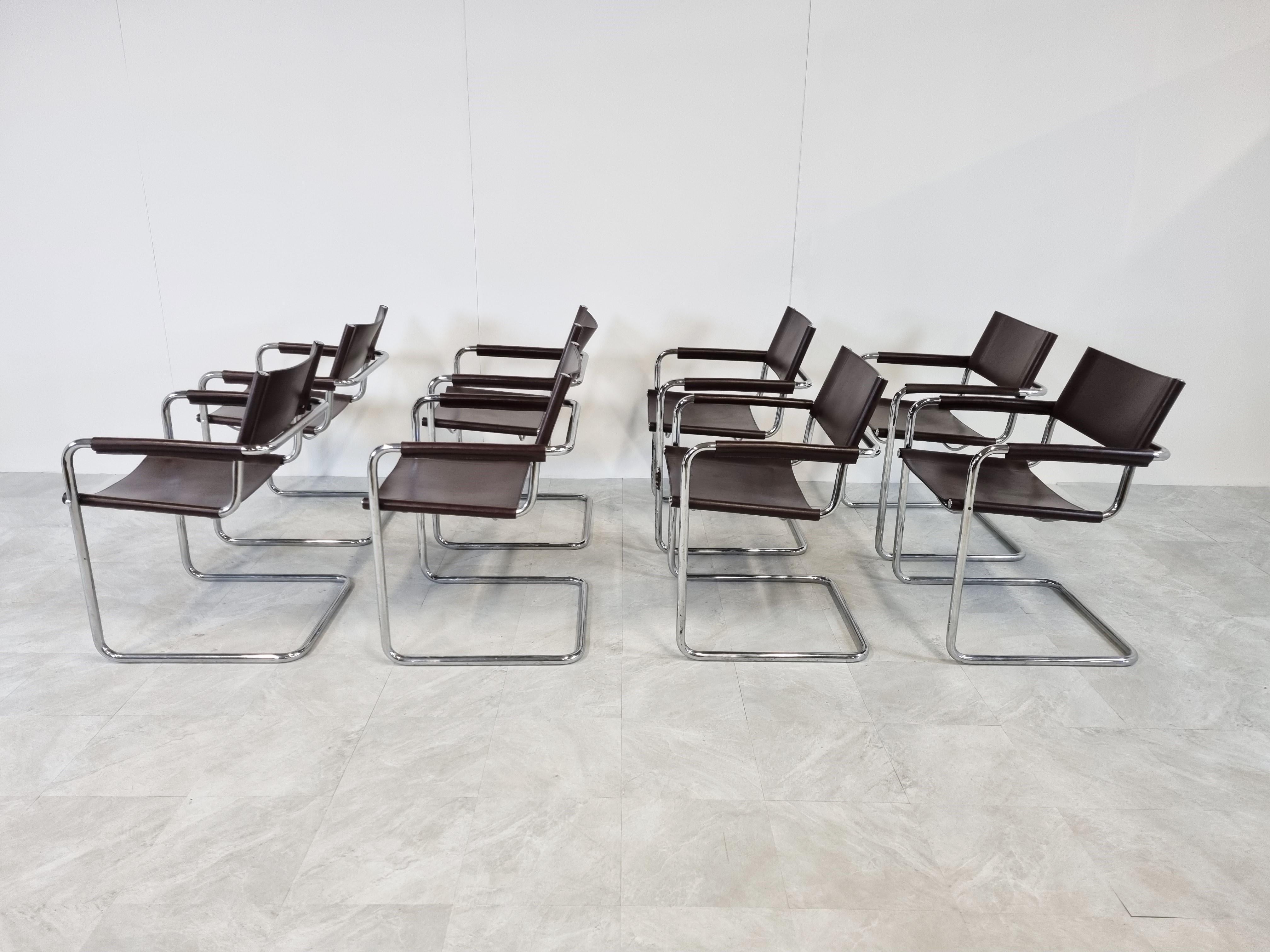 Chrome Set of 8 Leather Cantilever Dining Chairs, 1970s