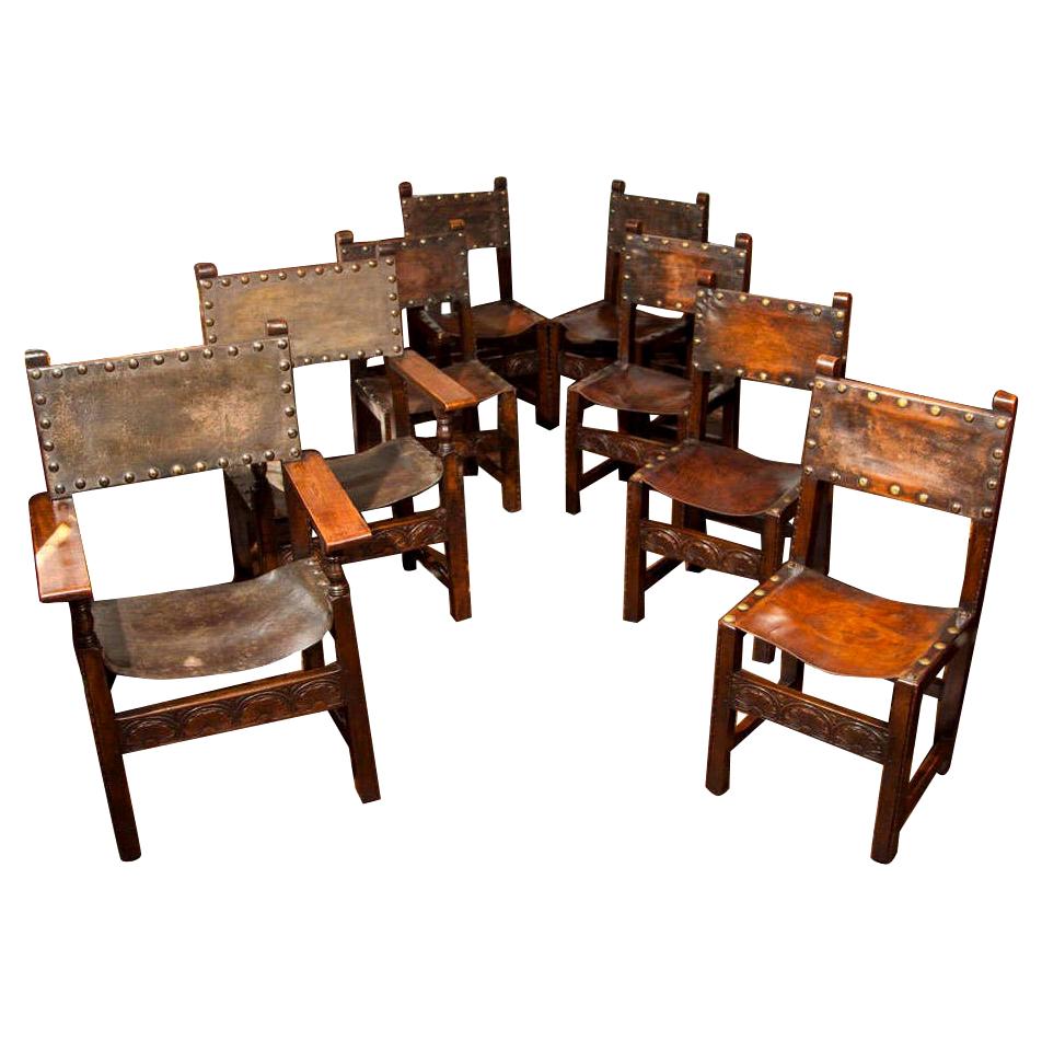 Set of 8 Leather Jacobean Revival Chairs For Sale