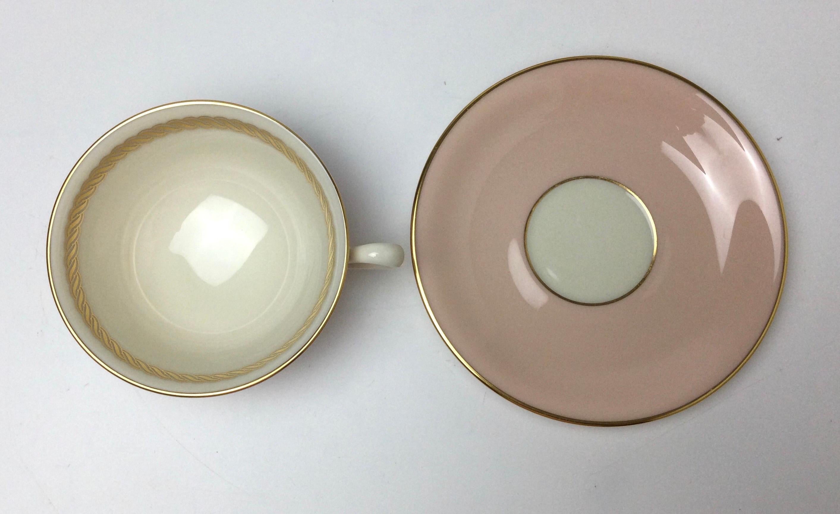 American Set of 8 Lenox Caribbee Cups & Saucers with Pink and Gilt Borders