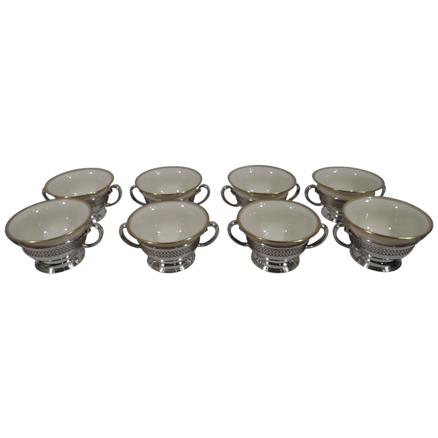 Set of 8 Lenox Porcelain Bouillon Bowls in Tiffany Sterling Silver Holders