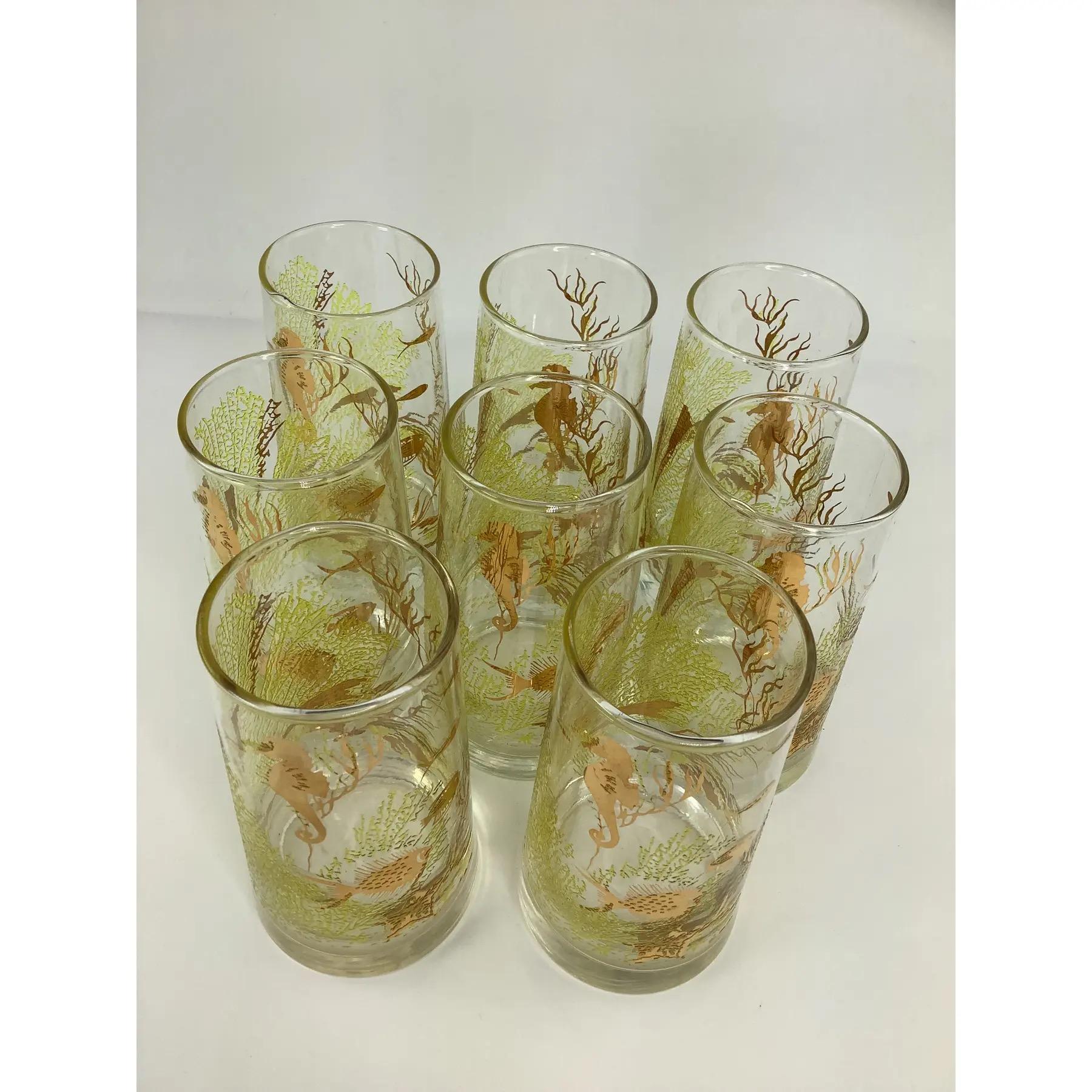 Juego de 8 Libbey Vintage Marine Life Highballs con caballitos de mar y peces dorados Moderno de mediados de siglo en venta