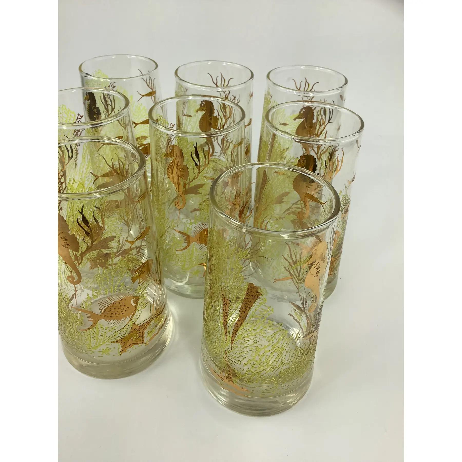 Juego de 8 Libbey Vintage Marine Life Highballs con caballitos de mar y peces dorados Estadounidense en venta
