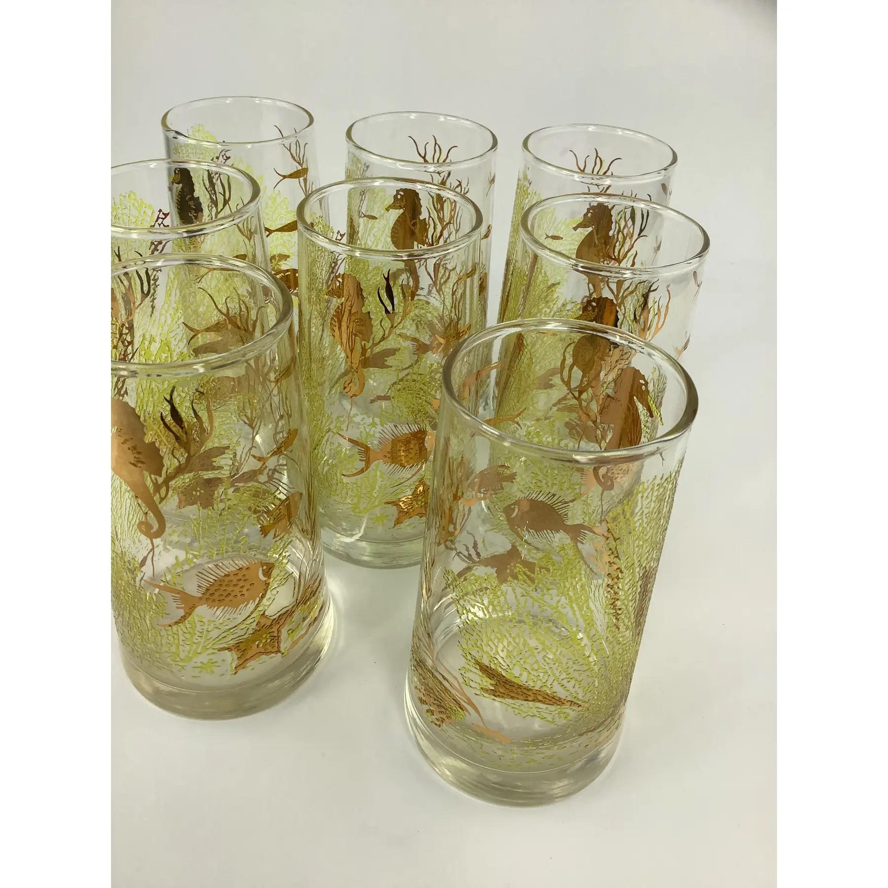 Juego de 8 Libbey Vintage Marine Life Highballs con caballitos de mar y peces dorados en Bueno estado para la venta en Chapel Hill, NC