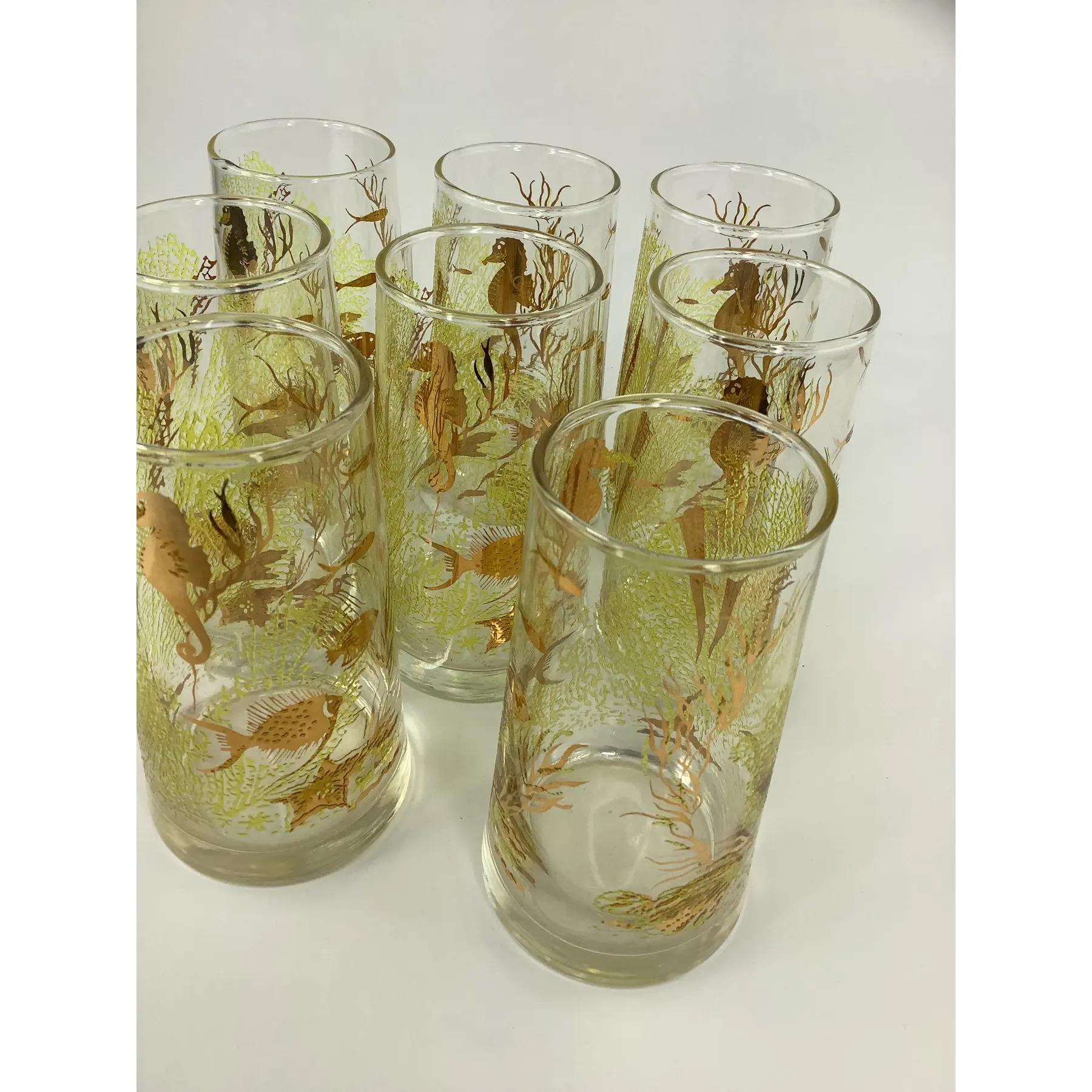 Juego de 8 Libbey Vintage Marine Life Highballs con caballitos de mar y peces dorados siglo XX en venta