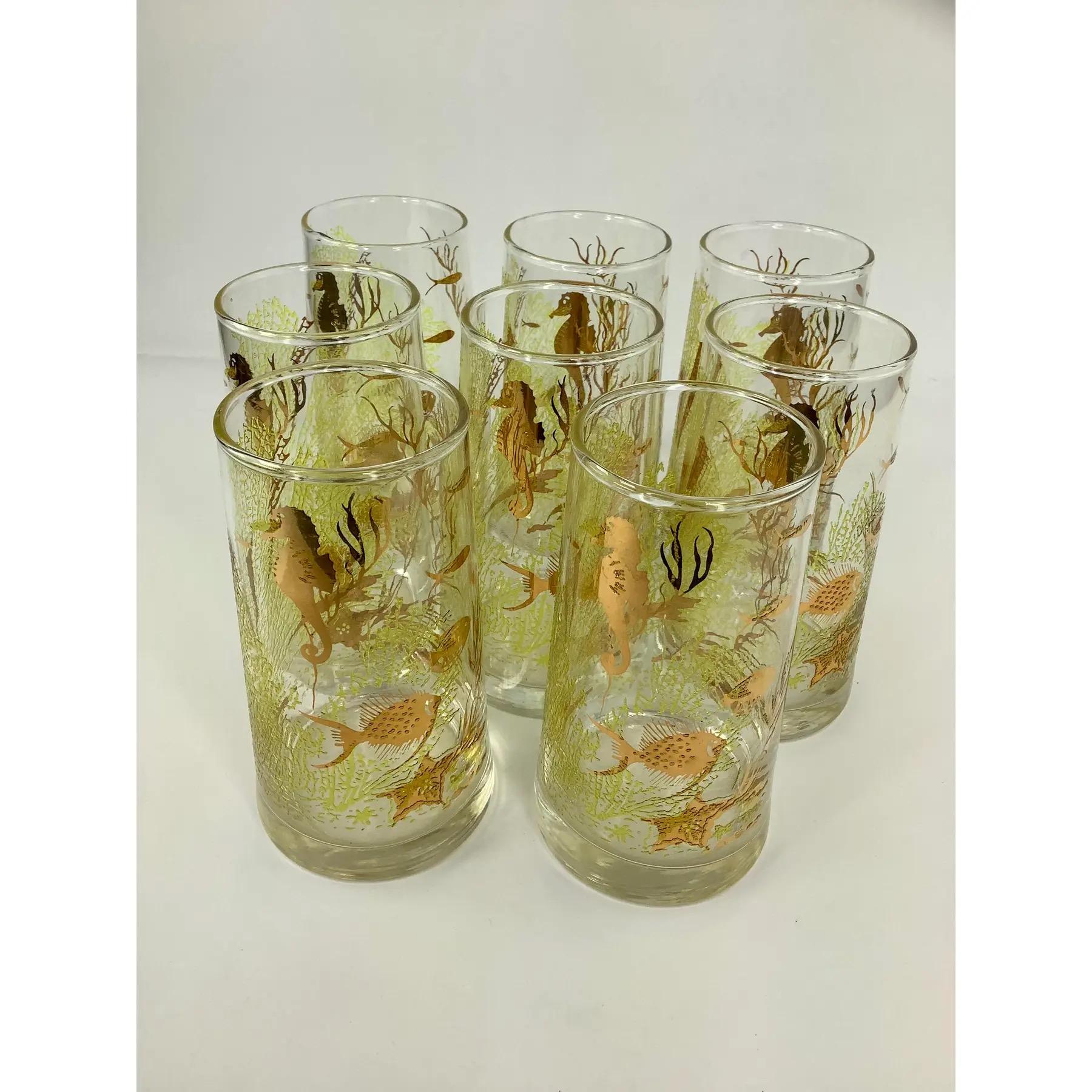 Juego de 8 Libbey Vintage Marine Life Highballs con caballitos de mar y peces dorados Oro en venta