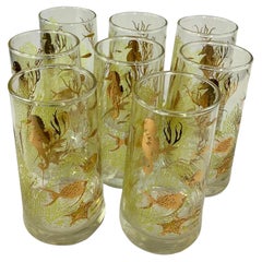 Set of 8 Libbey Vintage Marine Life Highballs With Gilt Seahorses and Fish