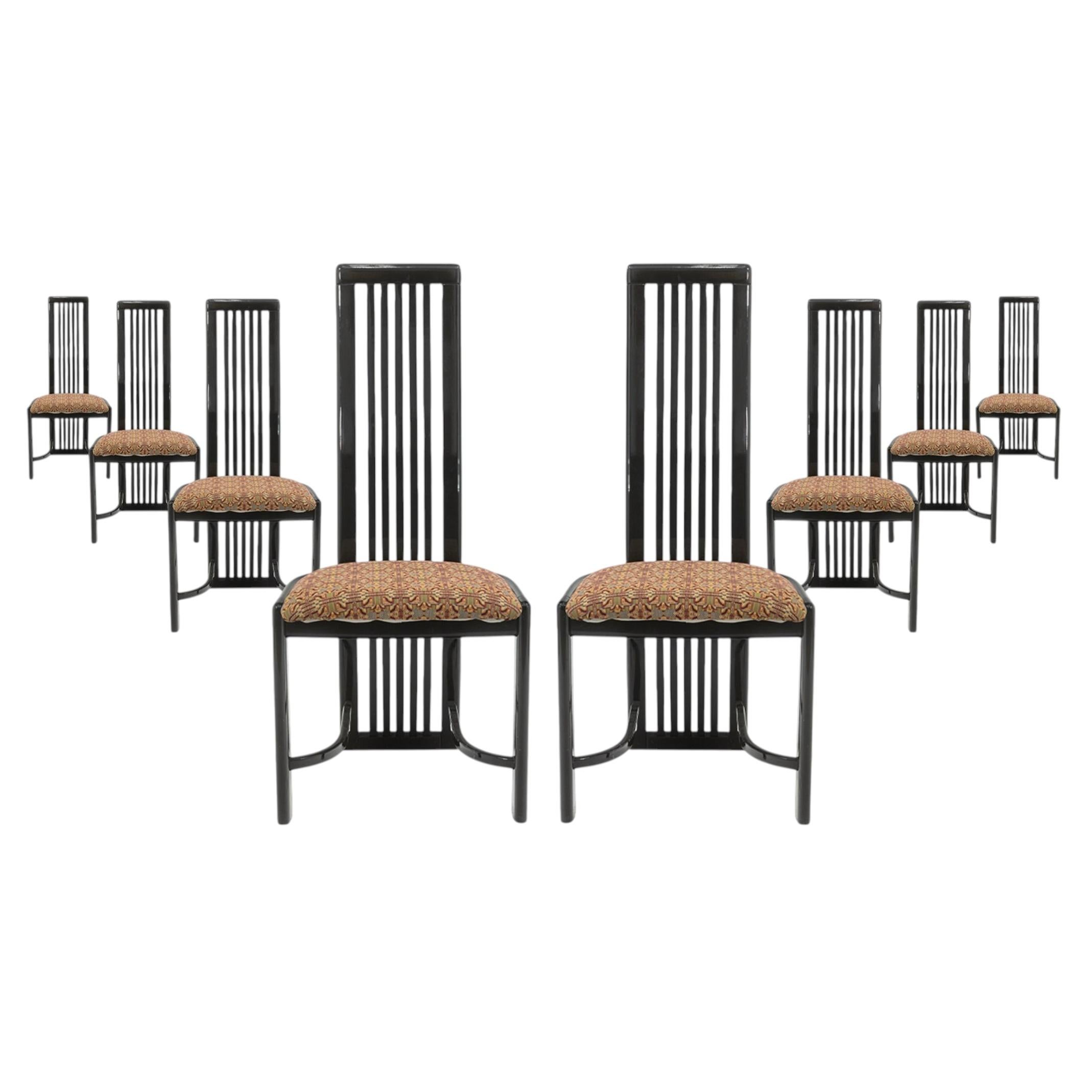 Set of 8 Liberty Postmodern Black Lacquered High Dining Chairs with Knoll Fabric For Sale