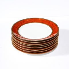 Set of 8 Limoges Porcelain Vermillion Dinner Plates with 24 Karat Gold Detail