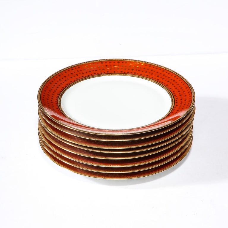 Set of 8 Limoges Porcelain Vermillion Dinner Plates with 24 Karat Gold