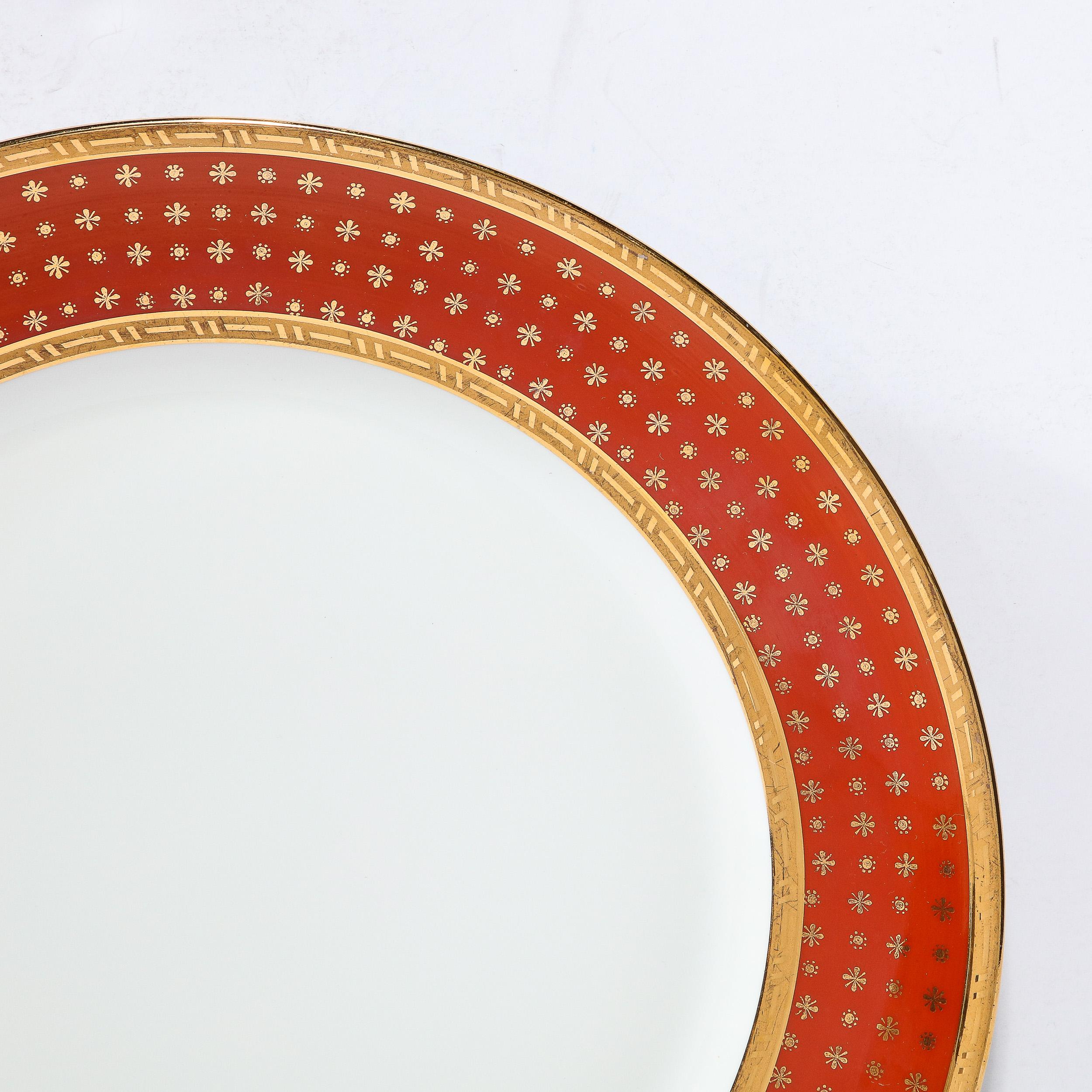 French Set of 8 Limoges Porcelain Vermillion Dinner Plates with 24 Karat Gold Detail