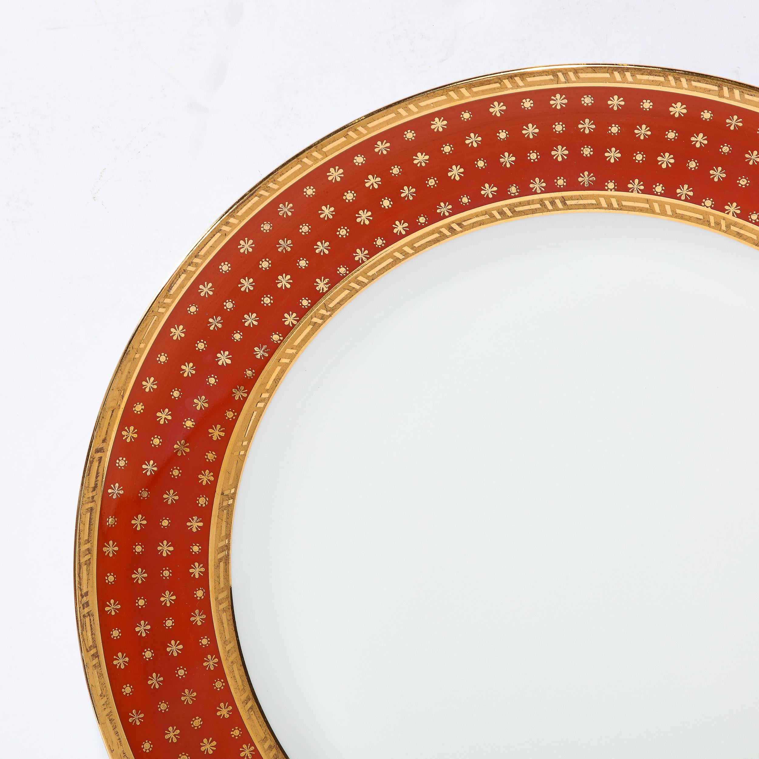 Mid-20th Century Set of 8 Limoges Porcelain Vermillion Dinner Plates with 24 Karat Gold Detail