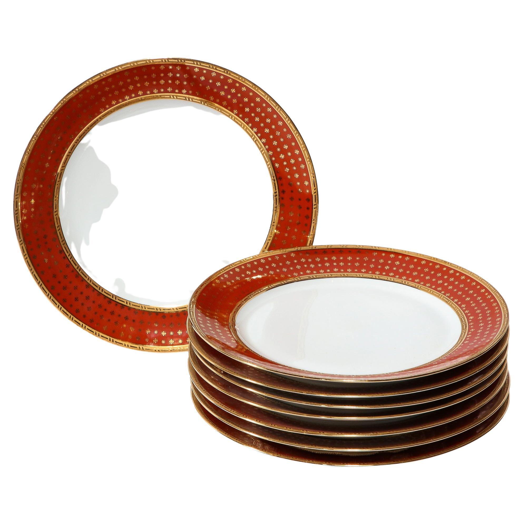 Set of 8 Limoges Porcelain Vermillion Dinner Plates with 24 Karat Gold Detail