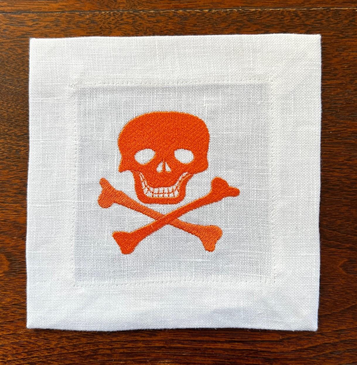 Modern Set of 8 Linen Cocktail Napkins Embroidered with Skull and Crossbones For Sale